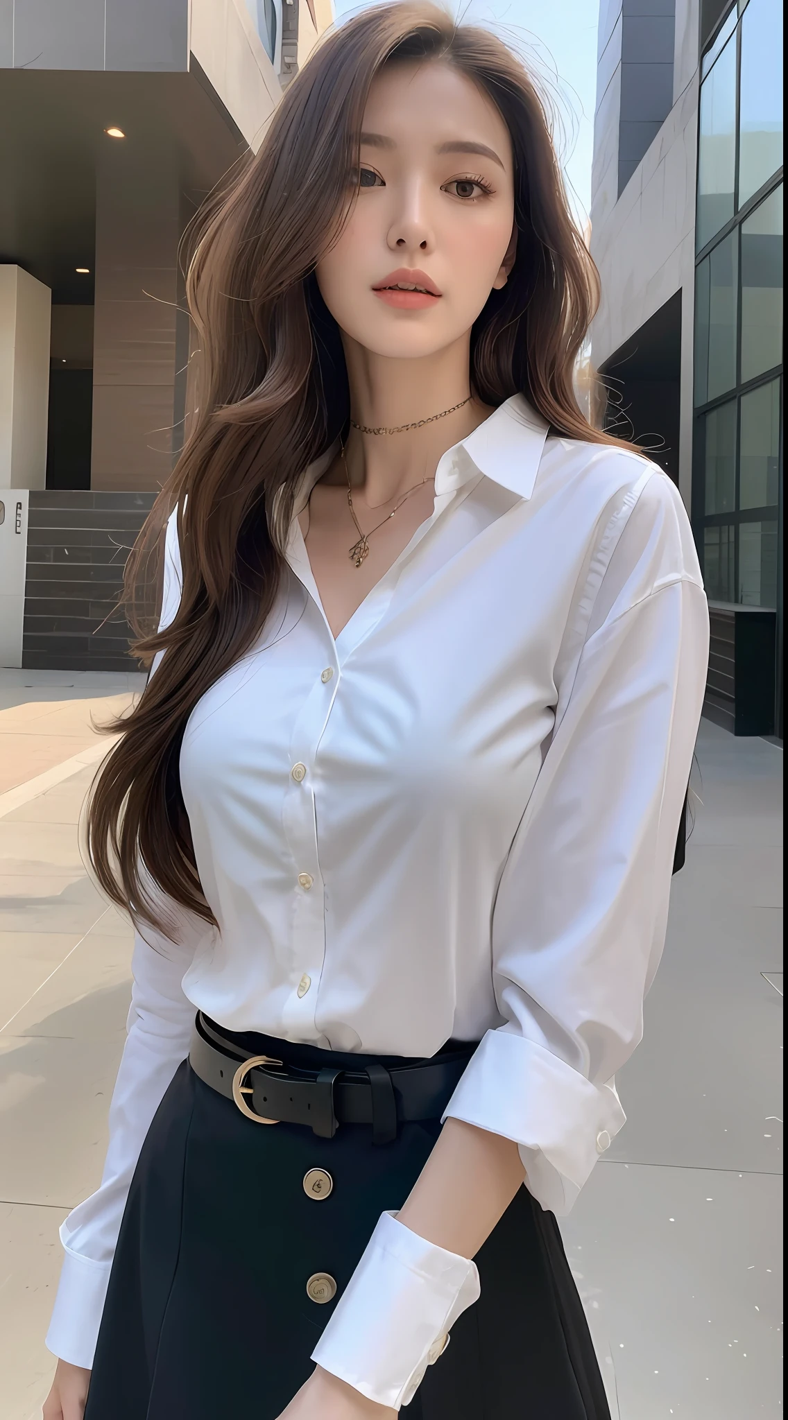 (Best quality, High resolution, Masterpiece :1.3), A tall and pretty woman, Slender abs, Dark brown hair styled in loose waves, , Wearing pendant, White button hirt, Belt, Black skirt, (Modern architecture in background), Details exquisitely rendered in the face and skin texture, Detailed eyes, Double eyelid
