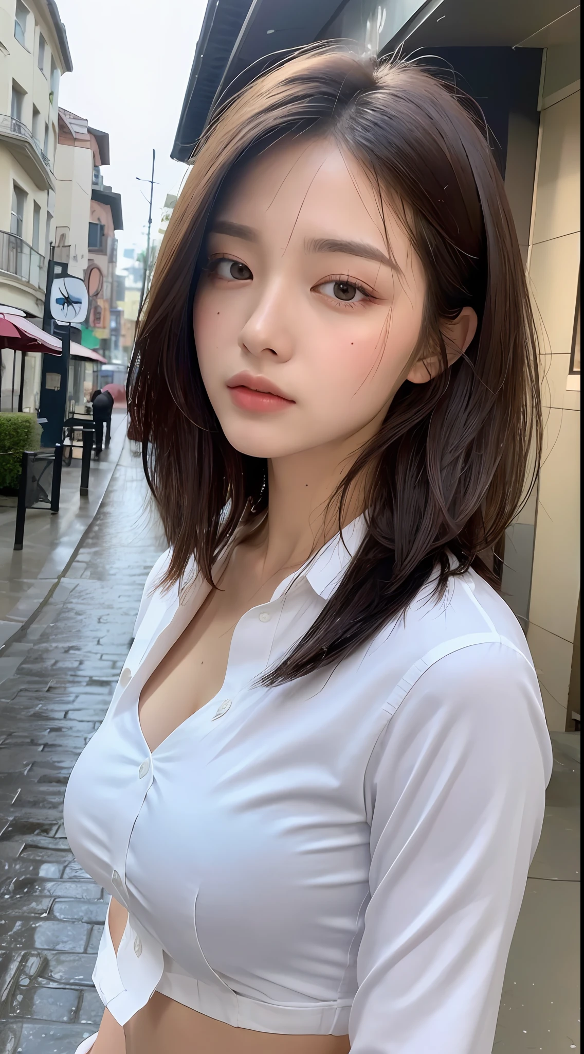 ((Best Quality, 8K, Masterpiece: 1.3)), Sharp: 1.2, Perfect Body Beauty: 1.4, Slim Abs: 1.2, ((Layered Hairstyle, Big Breasts: 1.2)), (Wet White Button Long Shirt: 1.1), (Rain, Street: 1.2), Wet: 1.5, Highly detailed face and skin texture, detailed eyes, double eyelids, side face looking at the camera