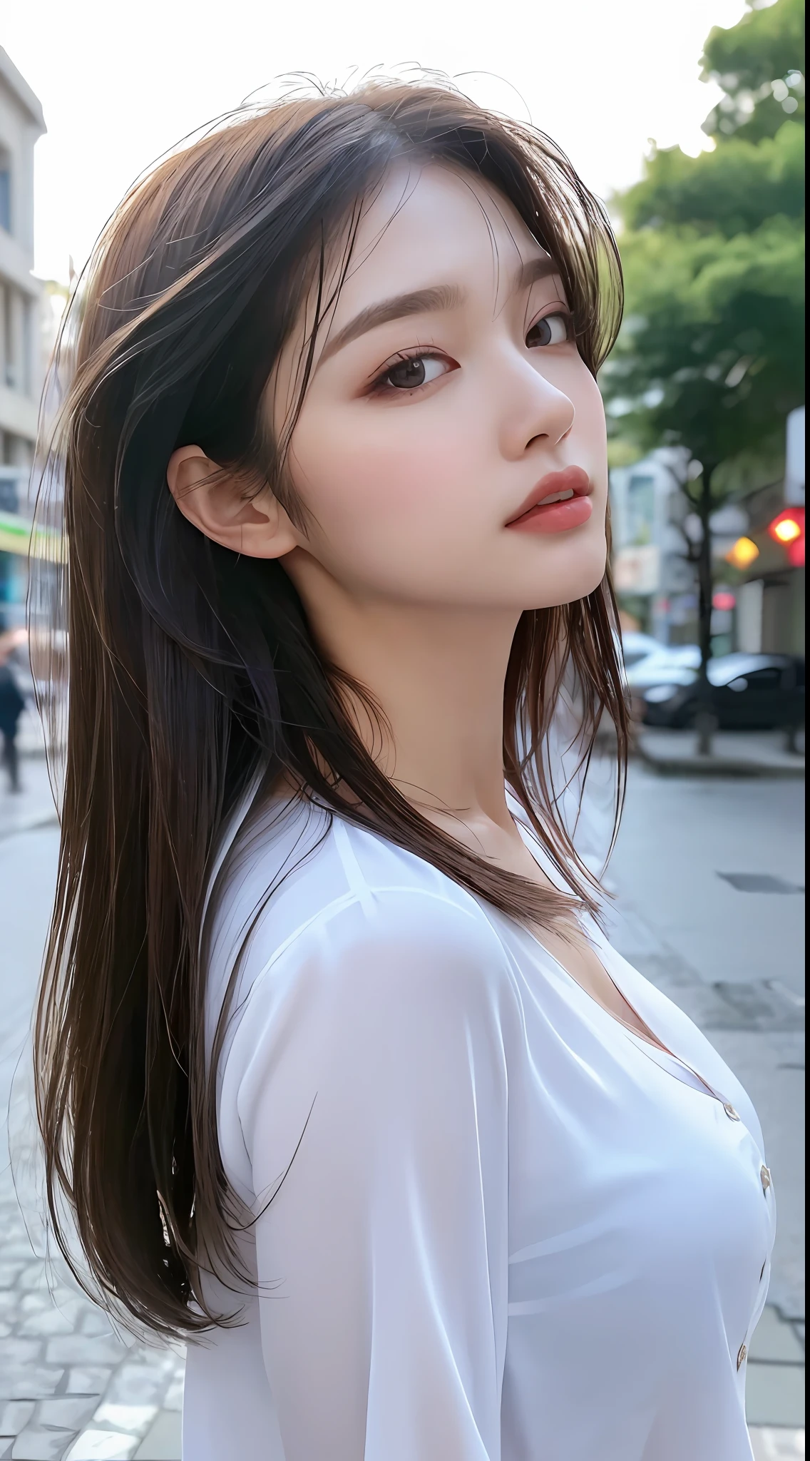 ((Best Quality, 8K, Masterpiece: 1.3)), Sharp: 1.2, Perfect Body Beauty: 1.4, Slim Abs: 1.2, ((Layered Hairstyle, Big Breasts: 1.2)), (Wet White Button Long Shirt: 1.1), (Rain, Street: 1.2), Wet: 1.5, Highly detailed face and skin texture, detailed eyes, double eyelids, side face looking at the camera