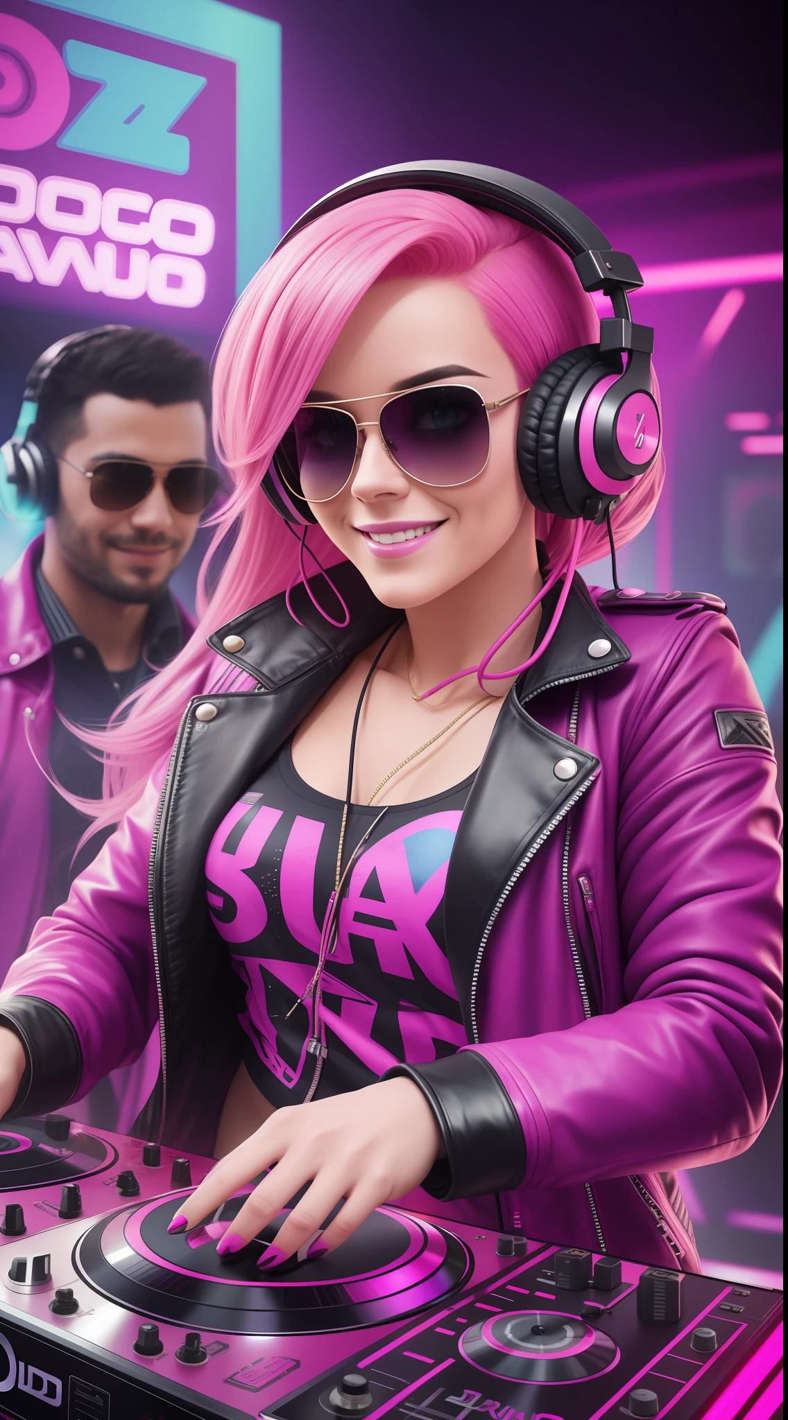 beautiful (smiling:1) woman DJ with (pink hair:1.1) wearing (headphones:1.1) and sunglasses and a leather jacket, deejaying with turntables while dancing, colorful disco lights, (skindentation:1.2),(perfect photorealistic face:1.3), (hyper-realistic:1.2), rule of thirds golden ratio, cinematic, absurdres