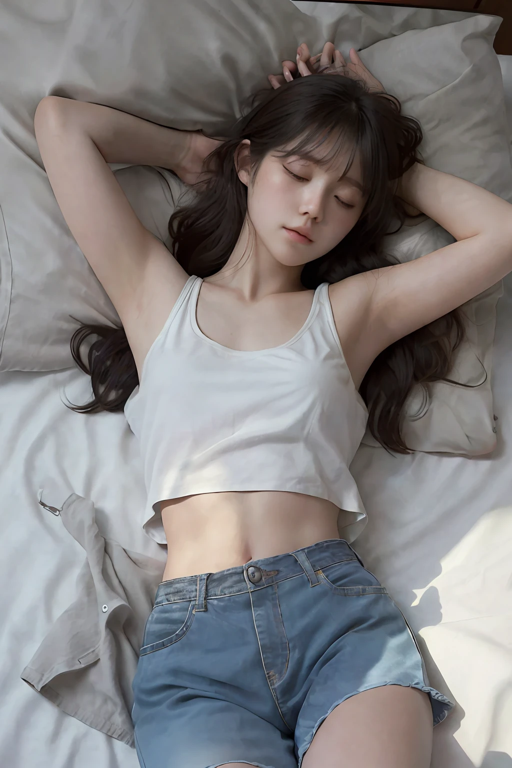 ((photoraelistic)), (masterpiece), (best quality), (intricate detailed), 1girl, sleeping girl, closed eyes, messy hair, on bed, left hand on belly, right hand on head, wearing tanktop, mini pant, innocent pose, hairy, from above view, from top view, dynamic light, warm light