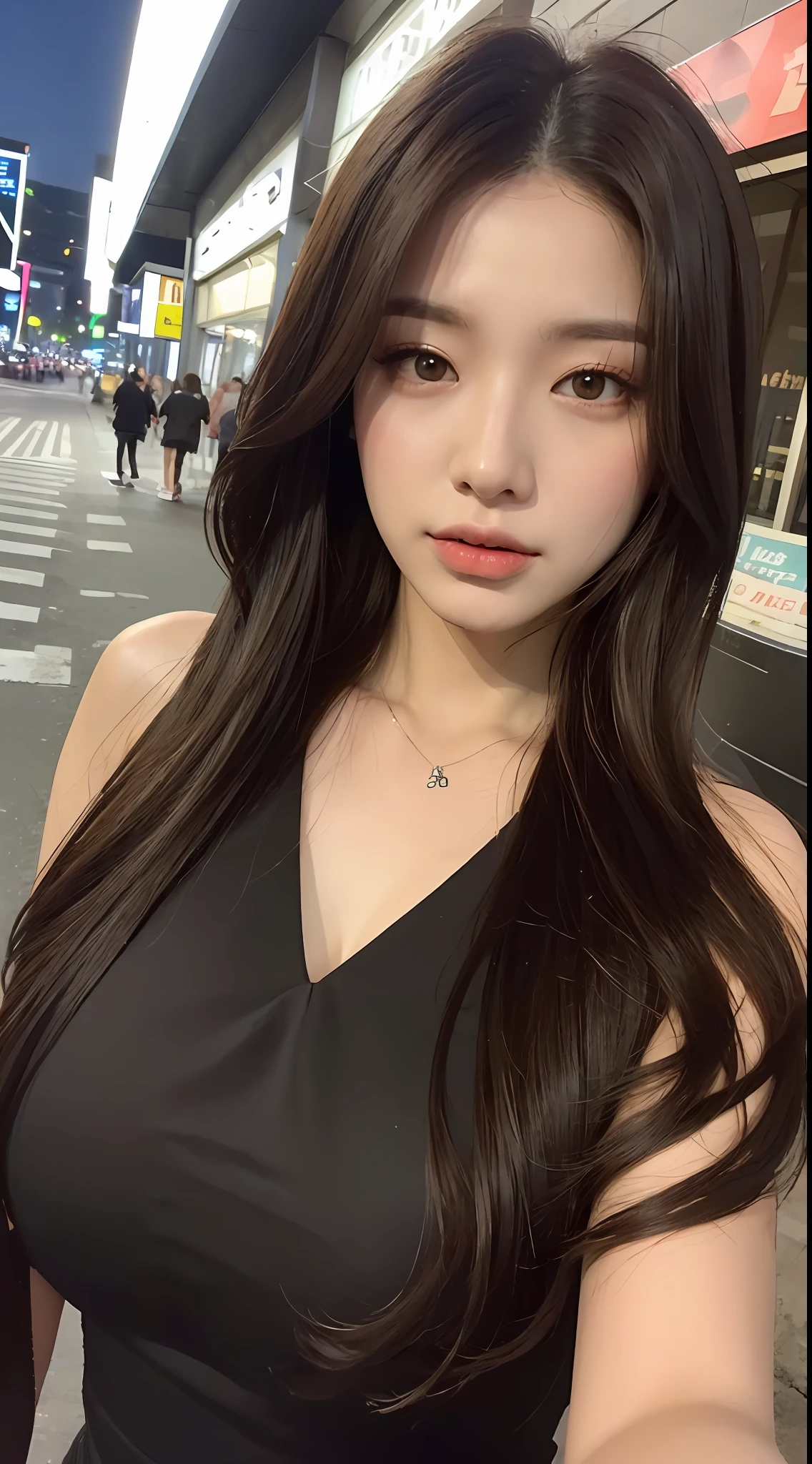 ((Realistic lighting, Best quality, 8K, Masterpiece: 1.3)), Clear focus: 1.2, 1girl, Perfect Body Beauty: 1.4, Slim Abs: 1.1, ((Dark Brown Hair, Big Breasts: 1.3)), (Aqua Dress: 1.4), (Outdoor, Night: 1.1), City Street, Super Fine Face, Fine Eyes, Double Eyelids