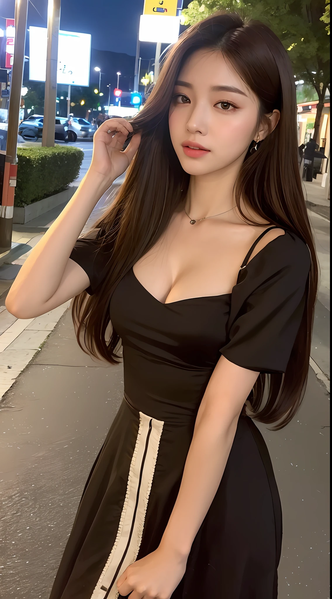 ((Realistic lighting, Best quality, 8K, Masterpiece: 1.3)), Clear focus: 1.2, 1girl, Perfect Body Beauty: 1.4, Slim Abs: 1.1, ((Dark Brown Hair, Big Breasts: 1.3)), (Aqua Dress: 1.4), (Outdoor, Night: 1.1), City Street, Super Fine Face, Fine Eyes, Double Eyelids