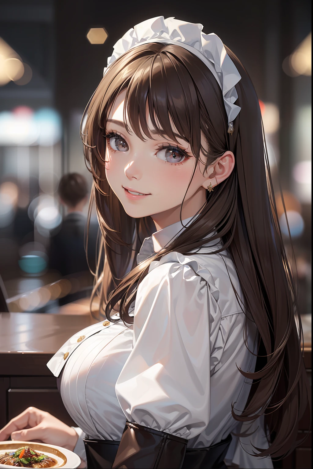 ((Best Quality:1.2, 8k, Sharp Focus, photo realistic:1.2, Masterpiece: 1.4, back Light, Ultimate Girl, Highly Detailed Facial Textures, Highly Detailed Facial Textures, detailed beauty makeup: 1.2, realistic skin, detailed eyes, detailed bangs)), ((waitress clothes)),(coffee shop background), head tilt, huge breast:1.2, light brown hair, Grinning ear to ear, from above