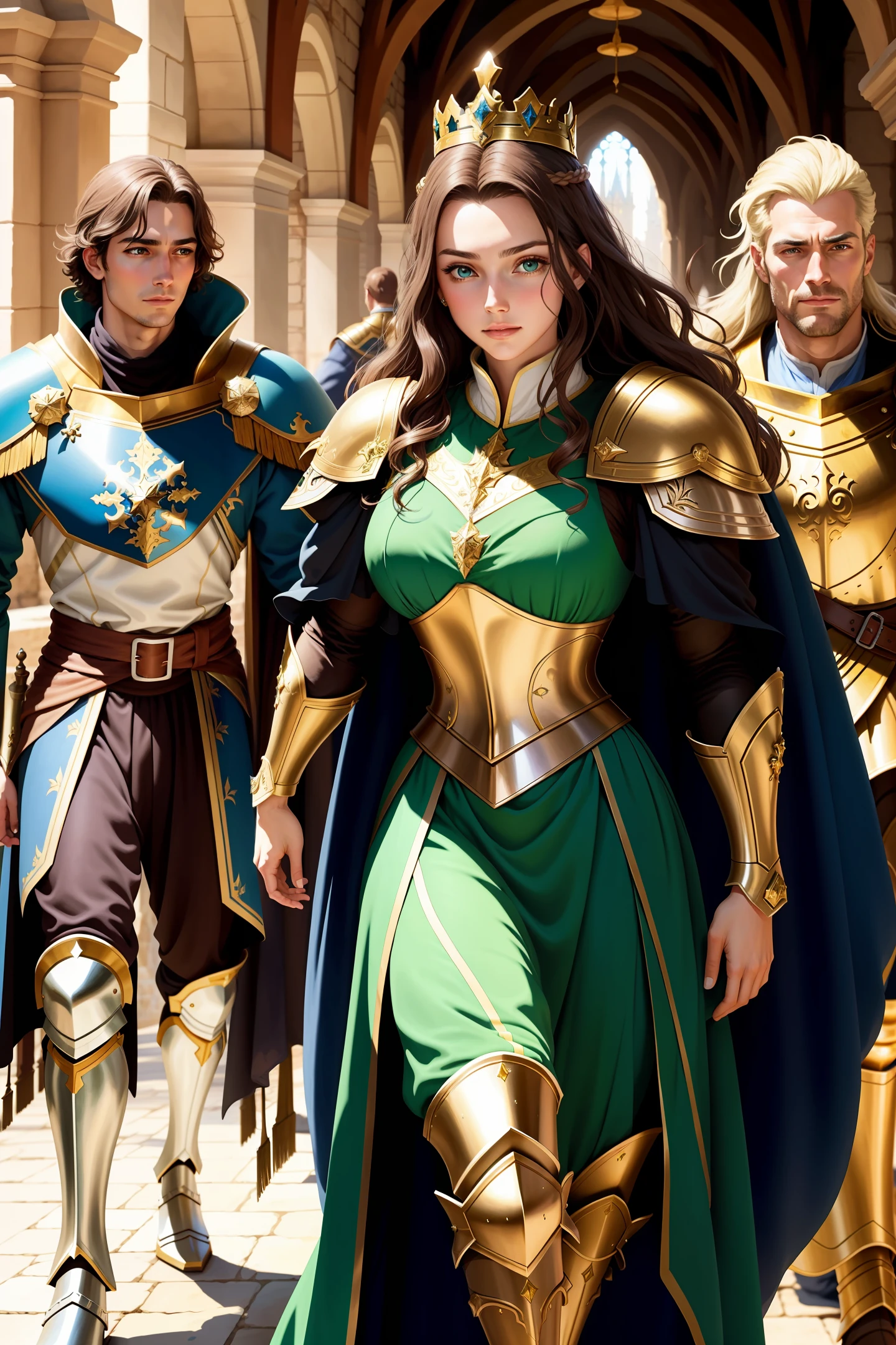 A princess being escorted around the castle by 4 knights in armor.  The girl's hair is dark brown, sparkling green eyes, masterpiece, elegant pose, green dress, golden cape, long boots, crown, arcane magic, mage of elements, medieval castle with beautiful architecture, medieval atmosphere, anime, woman.