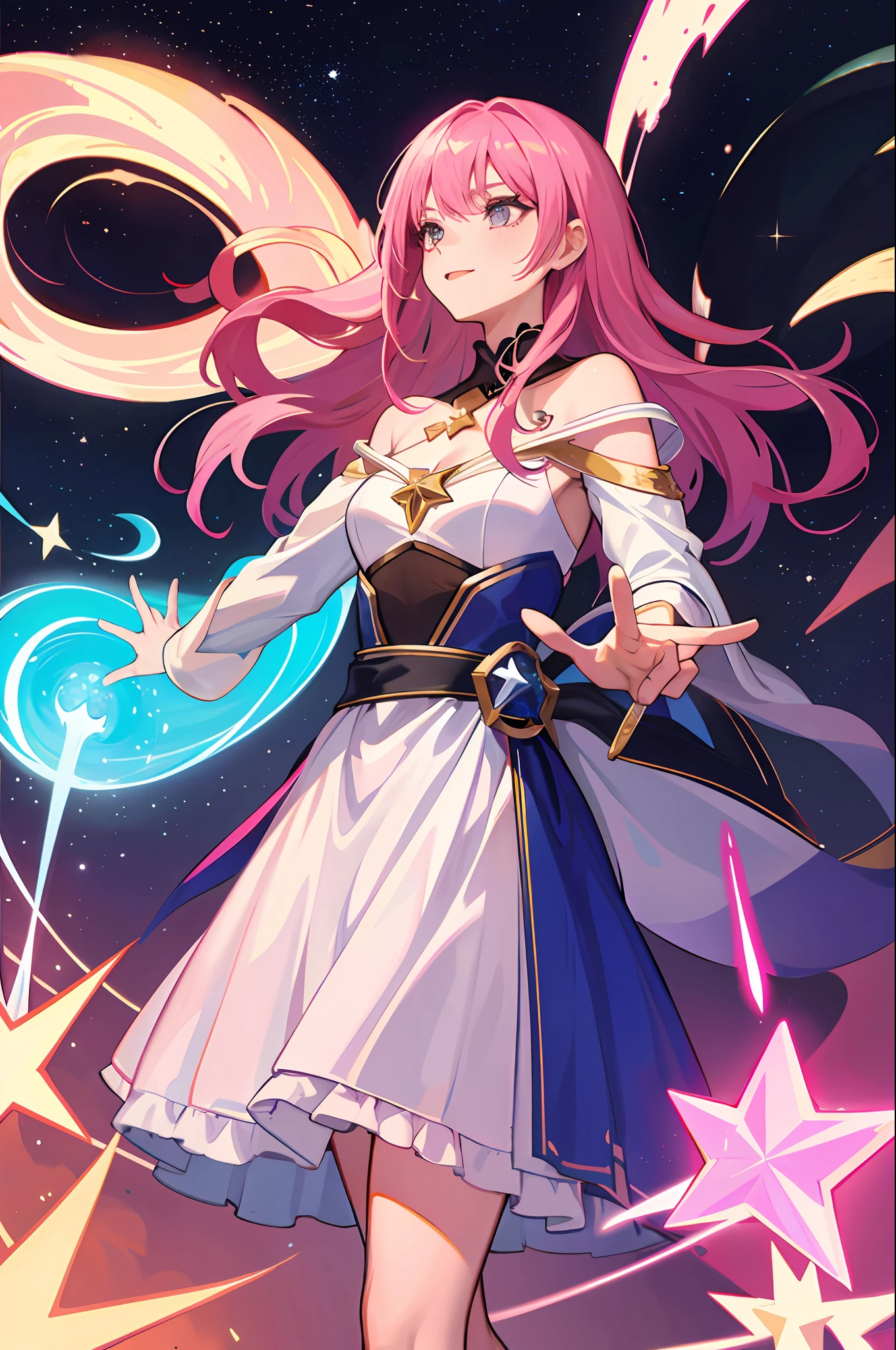 1girl, star sorceress, pink hair maria chiquinha, cosmic comets, is controlling stars