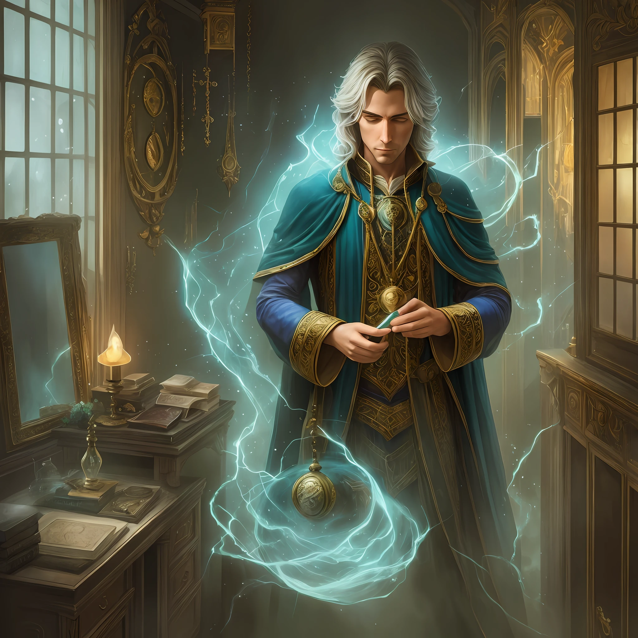 Mage in his dim lighted secret room where he hides his enchanted objects, painting, david dellamare, mist, magic, dreamy, mystery --auto --s2