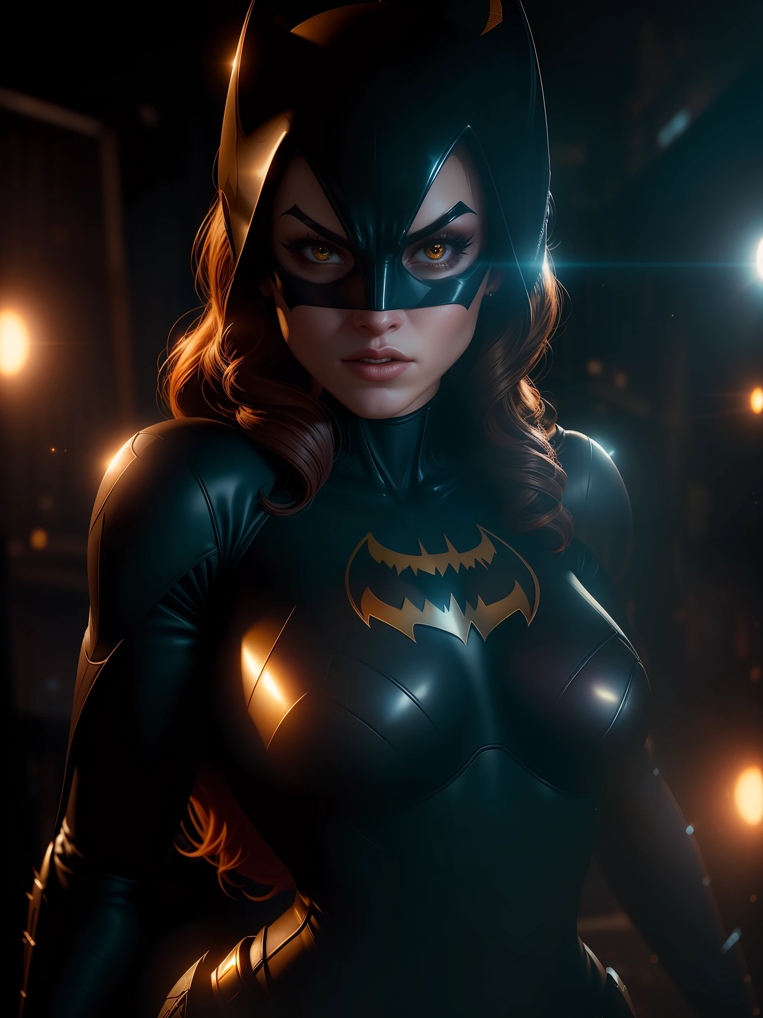 Movie scene, close-up shot of Sexy Batgirl from DC, distorted space, distorted undead in the background, lens flares, light shafts, intricate details, highly detailed, volumetric lighting, 4k rendering, stock photo, hyperrealistic, realistic textures, dramatic lighting, Unreal Engine