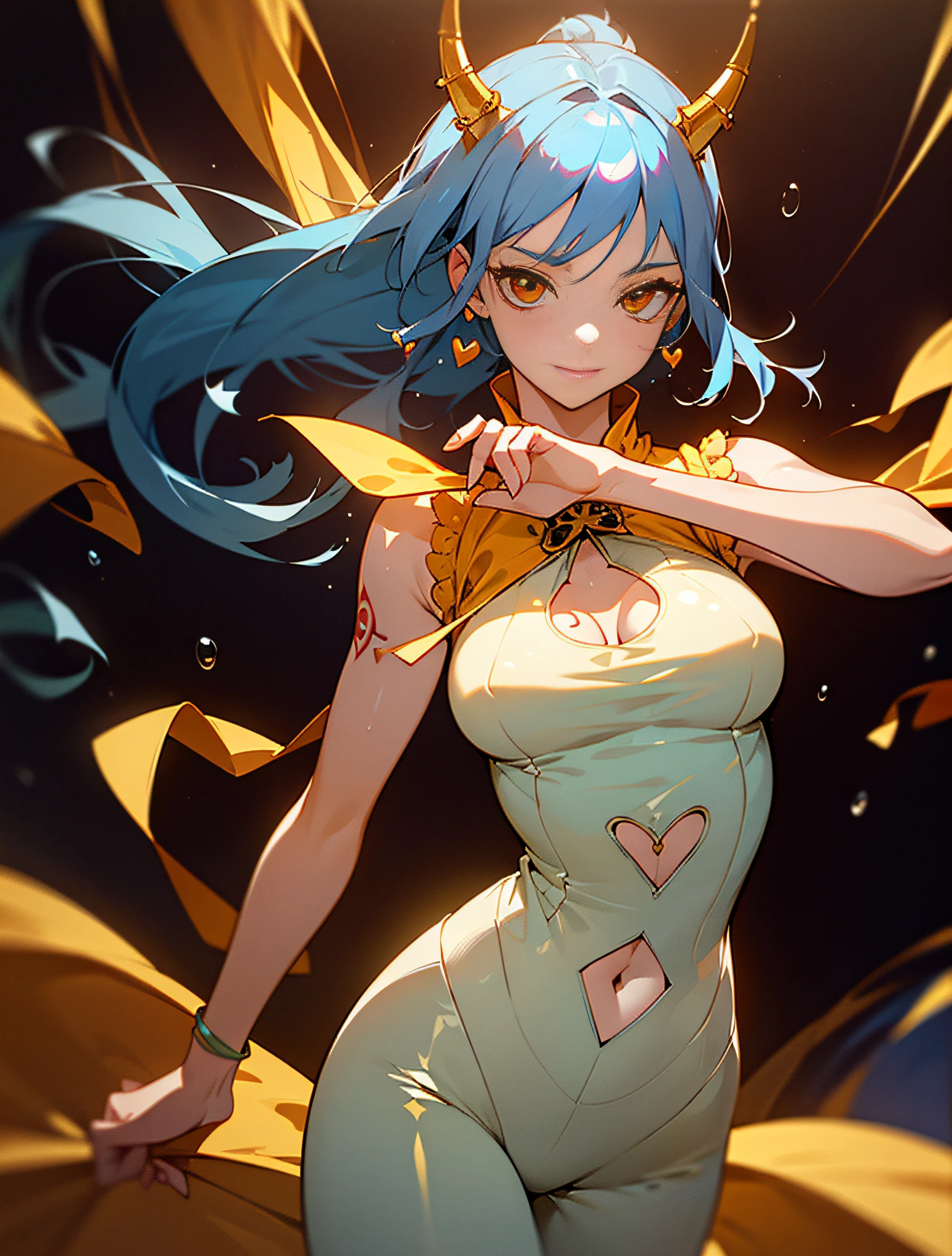 ((Cute Anime Girl)), ((Animation Style)), the head has horns, and the head has two red and yellow horns. The ends of the hair are curly. White transparent cheongsam. (wearing white transparent fabric cheongsam with opening on chest, best fabric material, 8k performance of fabric, rendering by calculation of physics engine):: 1.96. (high image quality, detailed CG art), (beautiful illumination and shadows, floating effect) (1 person) (shiny hair, blue hair: 1.2 + gray hair: 1.6), when the skin between the chest volume and the lower abdomen is moist, the dripping water and sweat drops slide down together, sexy and gorgeous, still photos convey a dynamic effect. The female body is beautiful, very sexy, attractive, full of seduction, and the transparent texture of the leggings is just right. My eyes lit up. ((low saturation)), ((oily skin)), ((water droplets on the skin)), (??????)): 1.6. The body is moist and shiny, the body is moist and shiny, the body is moist and shiny, the breasts are large, the buttocks are large. ((masterpiece)), top quality, super detailed, very realistic, the whole body is wet, rained, all sweat beads are clearly visible. (Masterpiece:1.6), (Best Quality:1.5), Ultra High Definition,1 Girl, Very Detailed,8k, Beautiful, Detailed Eyes, View Viewer, Strong Dark Color, (Depth of Field), (Dynamic), (Epic), Sharp Focus, (Intricate Details: 1.86), Full Color, Nano, Bangs, Strapless, Belt, Gold striped transparent heart nipstick, blue sky, bracelet, breasts, (Orange Eyes: 1.72), bubbles, cleavage, clouds, daytime, earrings, flowing hair, blue transparent heart ?????? sticker, groin, obvious vest line, jewelry, big, long hair, navel, orange hair, clear latex pants, shoulder tattoo, collarbone obvious, sky, smiling, single, standing, obscene tattoo on abdomen, ?????? seals only on upper body, tattoos, pirate ship, (one piece), (strength: 1.4), (full body)), body wet and shiny,