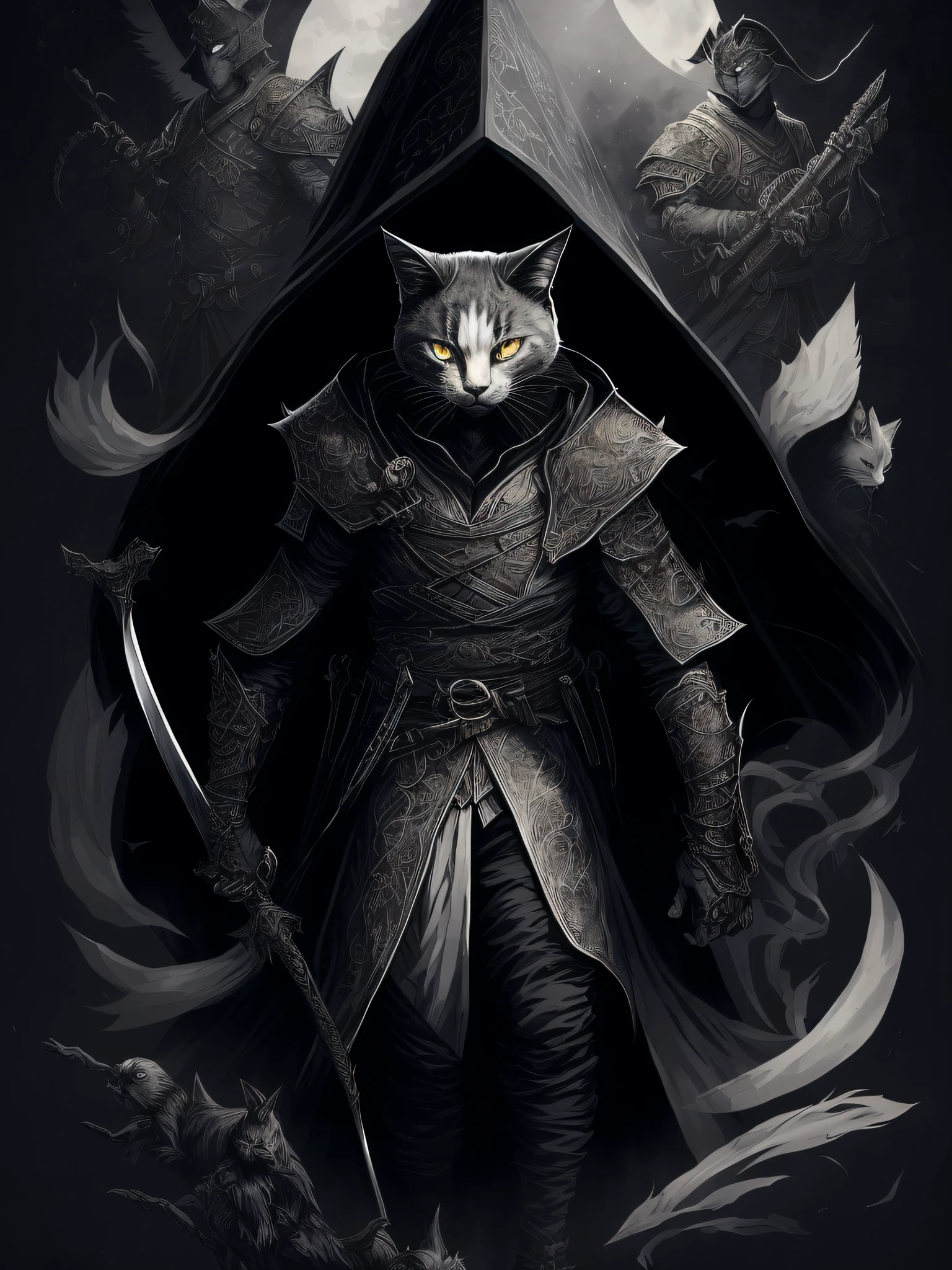 there is a cat that is standing in the dark with a sword, cat the assassin, anthropomorphic cat ninja, the dark god of cats, cat warrior, dark fox mage, in style of dark fantasy art, painted in the style arcane, dark fantasy style art, dark fantasy character design, epic fantasy digital art style, epic fantasy art style