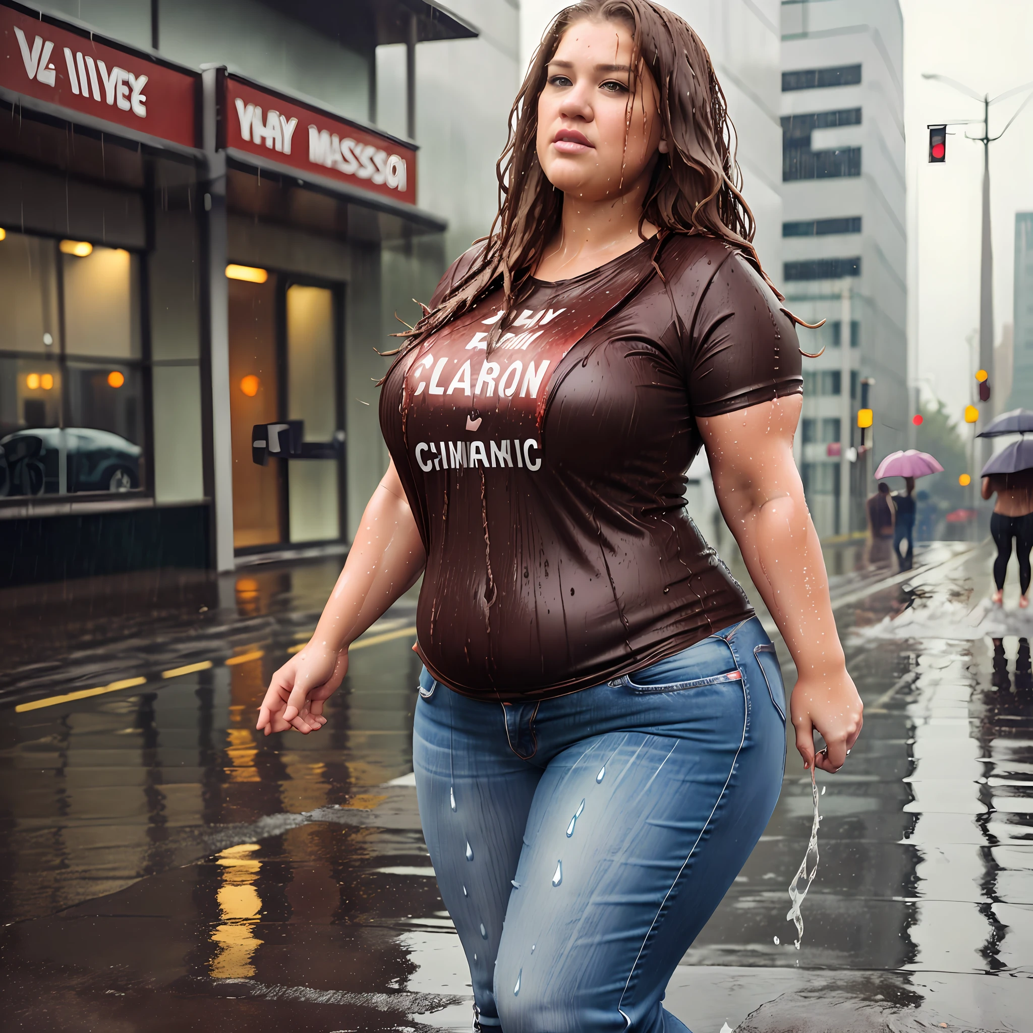 ((Overweight)) ((chubby)) Kelly Clarkson, long brown hair, wearing jeans, t-shirt and runners, subject is standing outside in the rain, looking seductive, teasing, playful, sexy pose ((wet clothes:1.1)) (((full body shot))) (((view front on))) (masterpiece) ((cinematic look)) —v 4