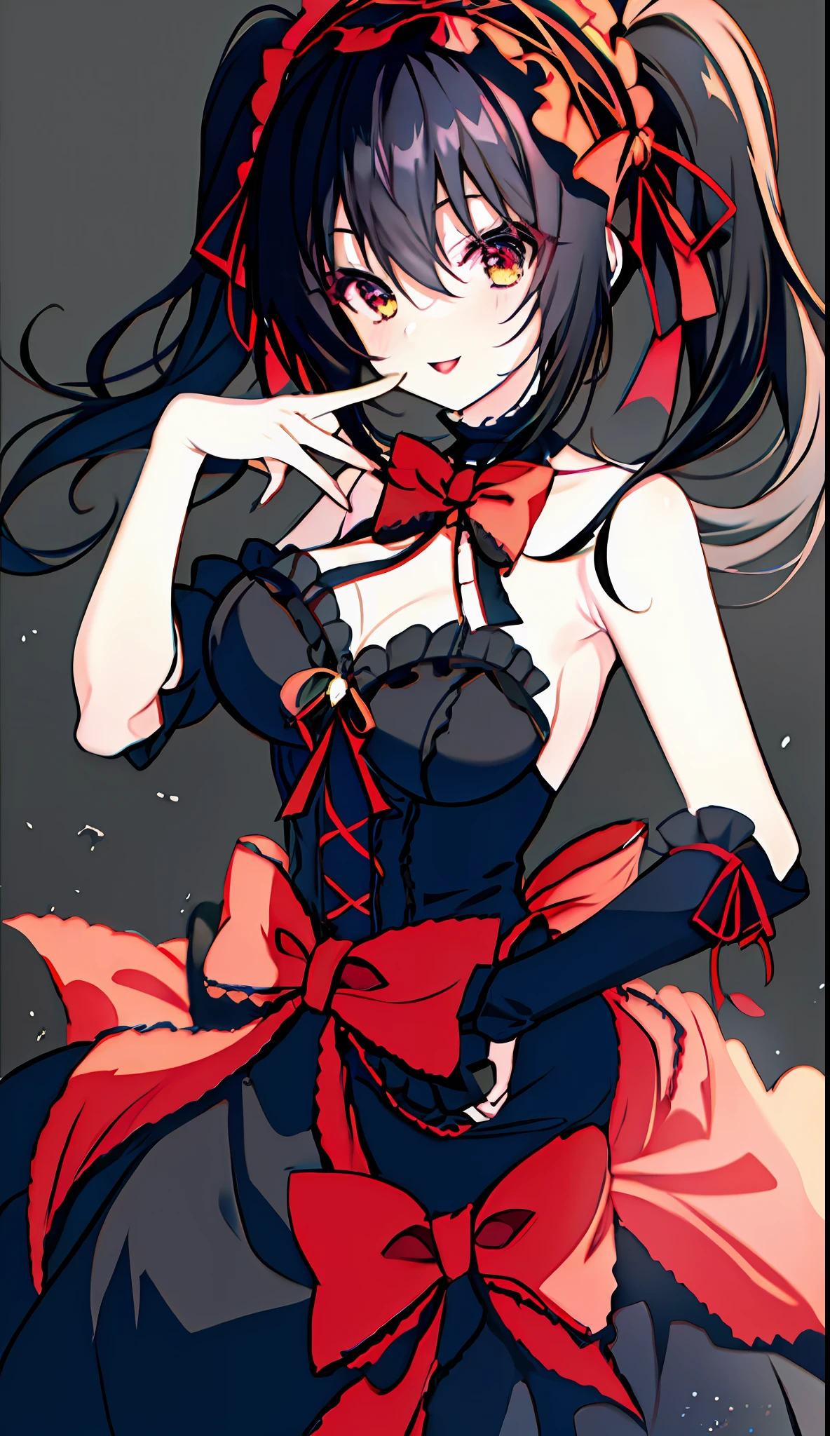 18 year old beautiful girl, masterpiece, top quality, 8K anime, 1 girl, detailed fingers, precise fingers, not unnatural hands, odd eyes, black hair twin tails, kurumi tokizaki, large breasts,