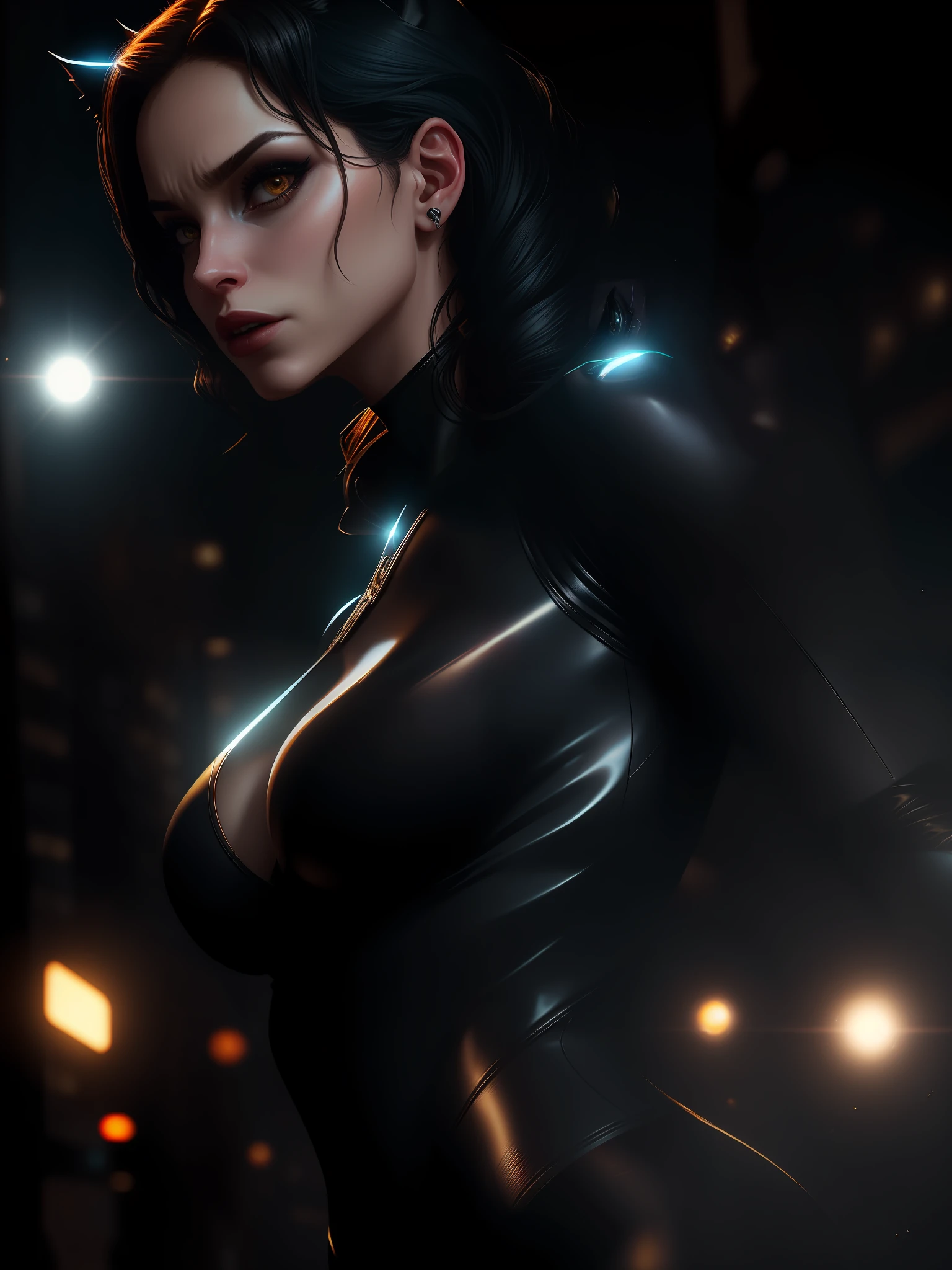 Movie scene, close-up shot of Sexy Catwoman from DC, distorted space, distorted undead in the background, lens flares, light shafts, intricate details, high detailed, volumetric lighting, 4k rendering, stock photo, hyperrealistic, realistic textures, dramatic lighting, Unreal Engine