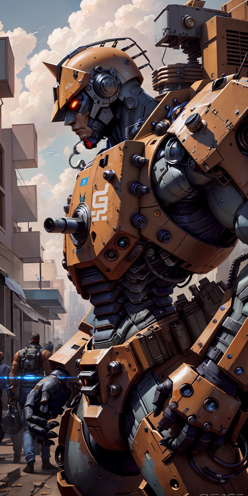 On the street stands a robot, portrait of mecha, Alexander Fira mecha, painting humanoid mecha, wojtek fus, giant mecha, mecha robot futuristic, detailed sci-fi art, giant robot mecha, mecha art, abandoned mecha in the background, humanoid mecha, giant mecha robot, giant mecha robot, transformer style