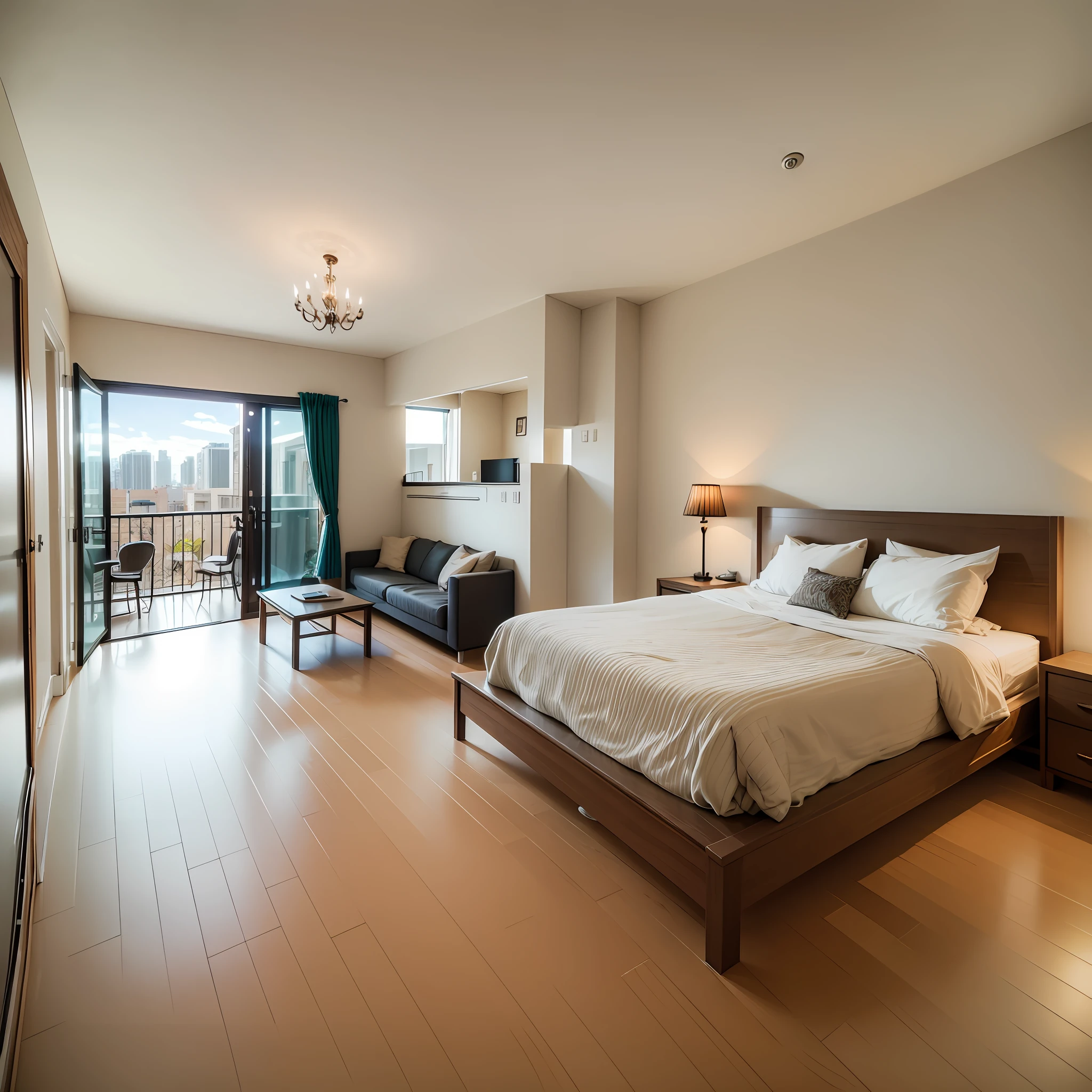 A set of three bedrooms and two living rooms, 3 bedrooms, two bathrooms, a kitchen, a living room, a dining room, a door to enter, each bedroom with a bed, a wardrobe, three rooms on the south side, a bathroom on the north side, kitchen, living room, balcony on the south side, aerial view --auto --s2