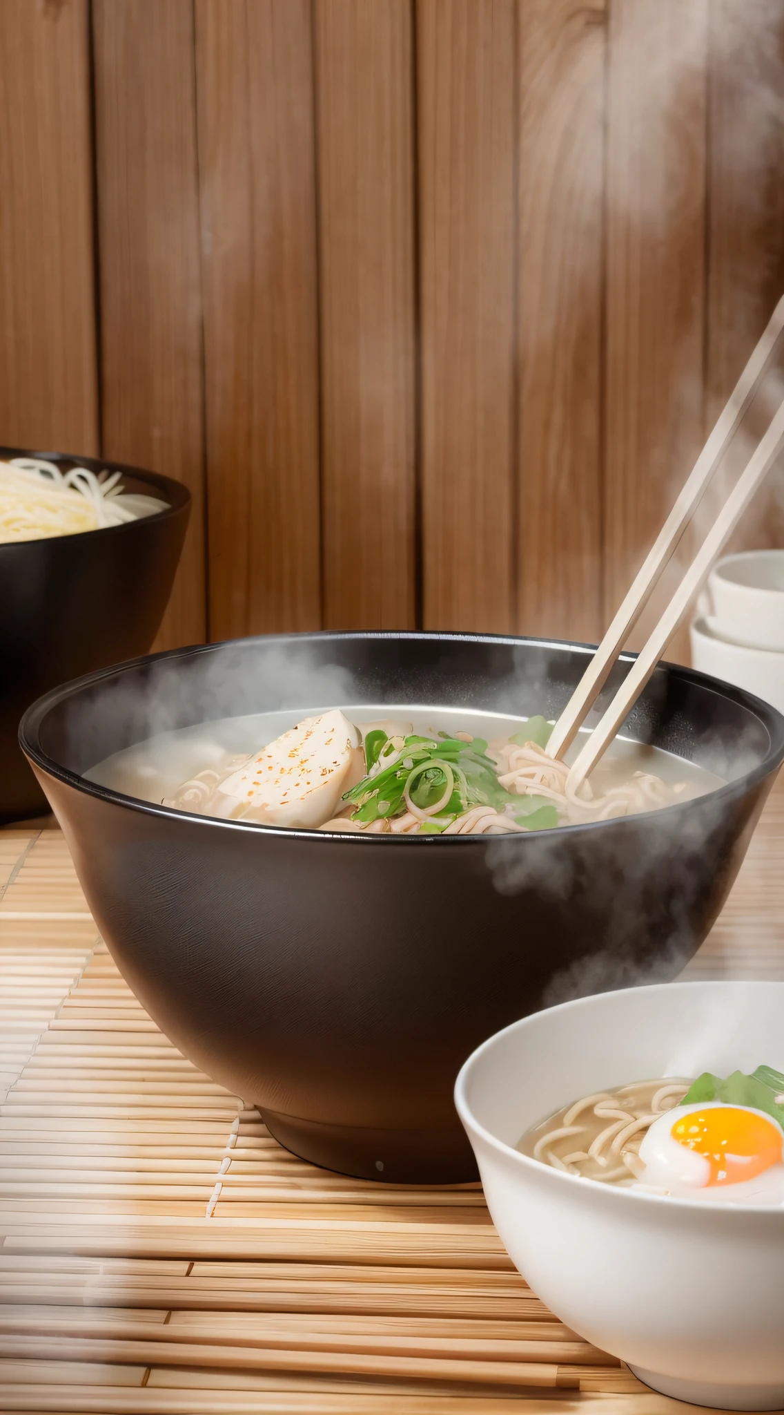 ultra detailed 8k cg, Japanese ramen, chopsticks, egg, steam