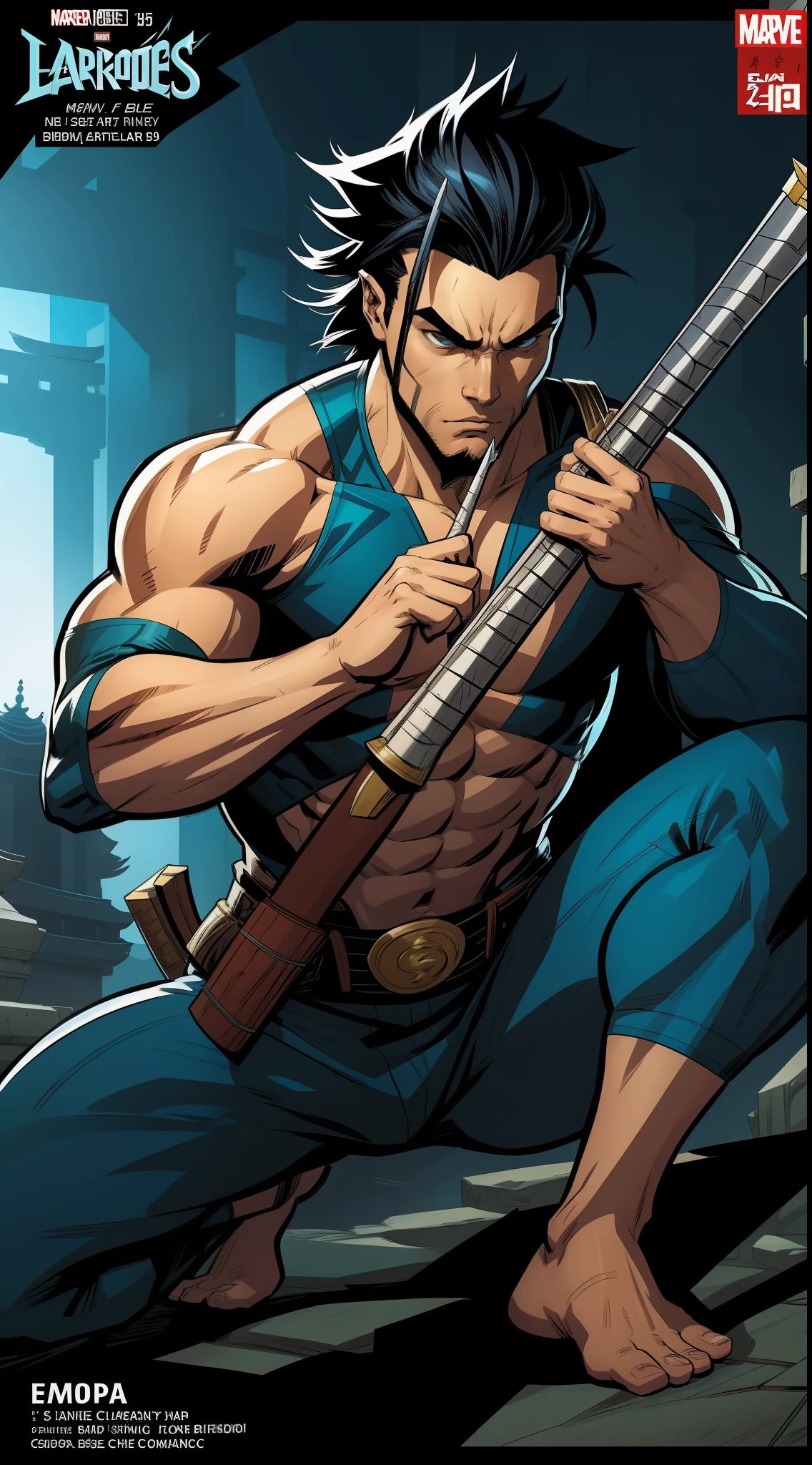 YASUO league of legends, as if it were in dc comic book, marvel, dc comics, comic book, yasuo, lol, ionia, playing flute, silver shoulder, alone, japanese temple, tim sale style, tim sale, 4k, best quality, (((Comics style)))), intricate details, hyperdetailed, dramatic light, artstation, big black hair, blue pants, detailed face