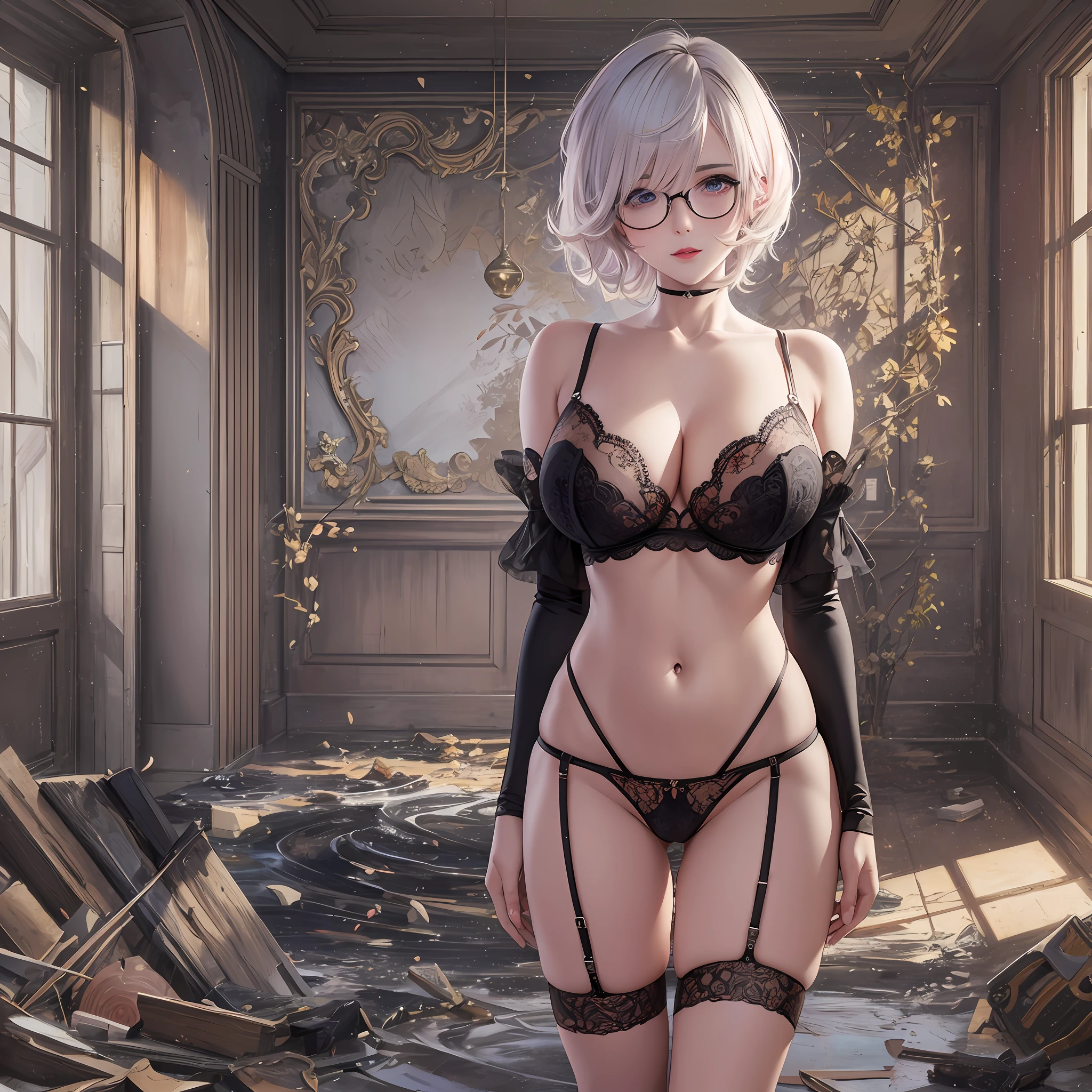 high resolution, best quality, masterpiece, very high image quality, ultra-detailed, hyperrealistic, 3d, anime, illustrations, fantasy, white glossy short hair with splashes in places, messy hair, half-up knitting hair style, intelligent beauty, black glasses, sparkling blue eyes, glossy red lips, pink lingerie, garter belt, thong, skimpy bottom, great proportions, full body shot, looking back --auto --s2