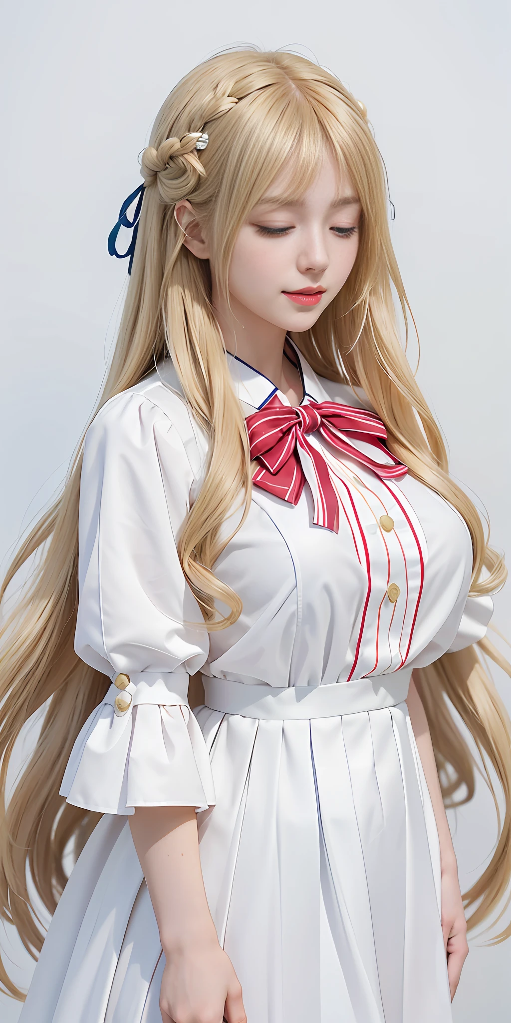 Anime girl looking at camera, eyes closed, hands on chest, blonde anime girl with long hair, white dress, anime goddess, white school uniform, seductive anime girl, anime girl with long hair, highest rating on pixiv, anime Barbie in white, three-dimensional facial features in pixiv, mature, red bow, yellow stripes on clothes, smile