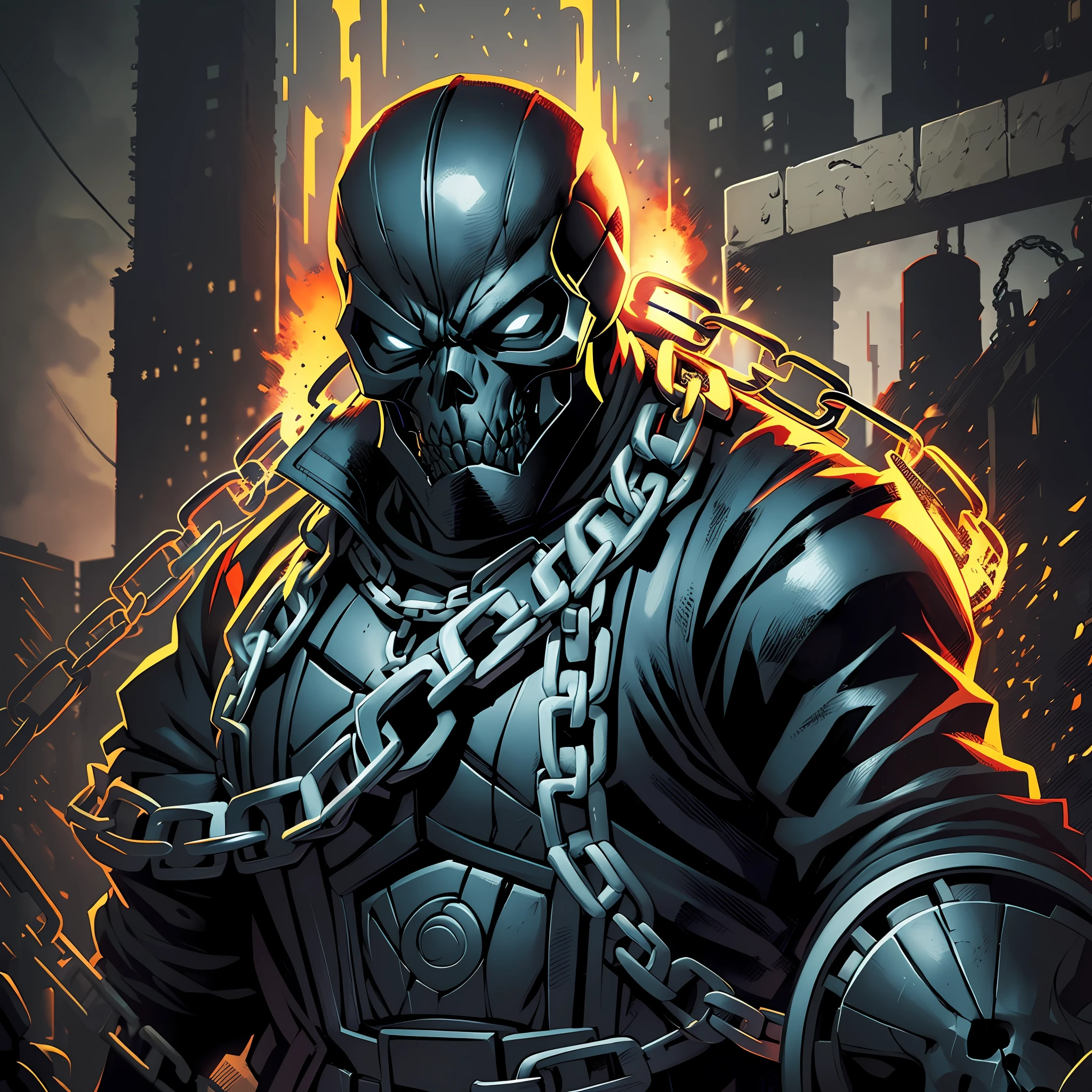 "Intimidating Enforcer": An ultras member in a menacing pose, wearing a skull mask and holding a chain. (Keywords: ultras member, menacing pose, skull mask, chain, intimidating) Design Style: Edgy and aggressive outlined illustration. Media: Vector --auto --s2