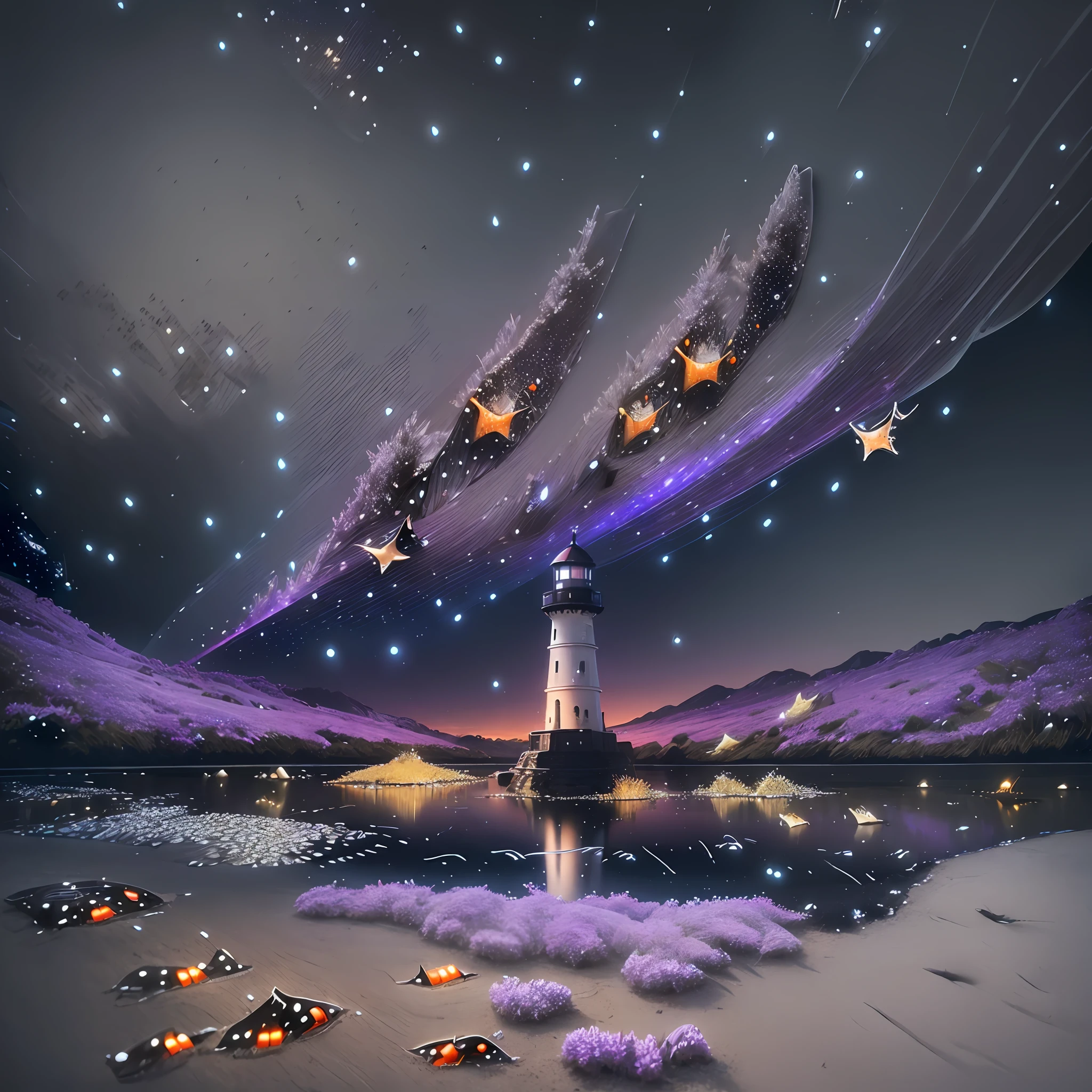 Computer, Extensive landscape ultrasound photography (general view, which shows a glass lighthouse standing on a stone ledge in the sea), (detailed description of the glass coating of the lighthouse), glass, (detailed description of the lighthouse), inside the lighthouse there is a bright fire (ultra-detailed burning fire), waves (detailed), a bird (detailed), night, starry sky, moon, meteors (detailed), sea (detail), reflection of the moon on the water surface, reflection full of shooting stars on the surface of the sea,  burning surface of the lake, moths (1:3), fireflies (1:3), (ultra-detailed description of appearance), burning lighthouse (crystals: 1,2), BREAK production art, (cold light source:1.2), (Firefly:1.2), lilac, purple, fire particles, colors, complex details, volumetric lighting, realistic fantasy BREAK (masterpiece:1.2), (best quality), 4k, ultra-detailed, (dynamic composition: 1.4), highly detailed, colorful details, (gloomy colors: 1.2), (luminous lighting, atmospheric  lighting), gloomy, dark, magical, (solo: 1.2) --auto --s2