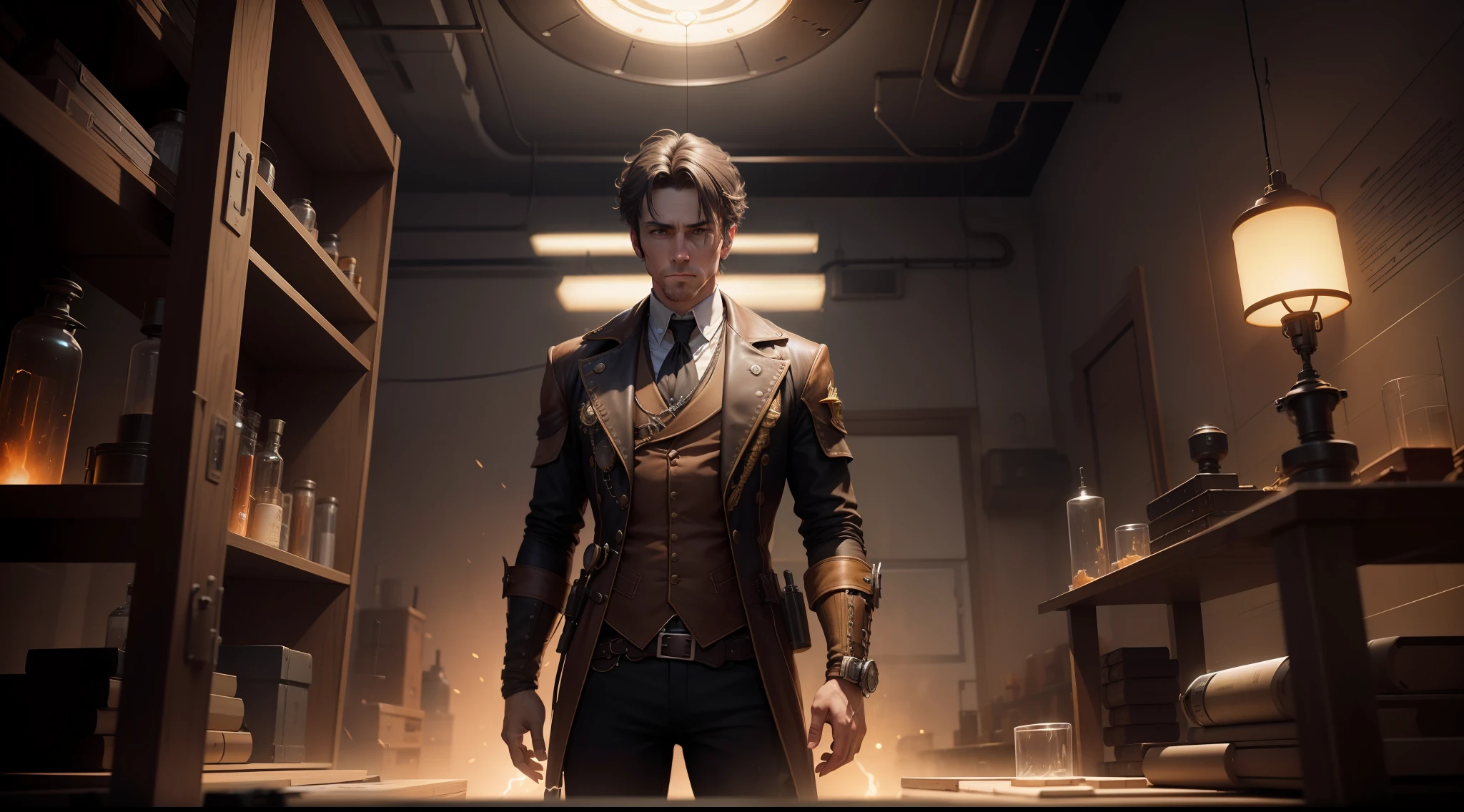 /Imagine Tips: Illustration In the lab, a dark-haired middle-aged man is installing a steampunk quantum lightning ball, glowing with lots of light, dark-haired middle-aged man ::12, steampunk quantum ball glowing ::15, conducting experiments::10, many miscellaneous ::13, lightning, lots of lightning::17, rule of thirds composition::12, full-length shot::13, Unreal Engine::10, beautiful lights::10, Studio lights::13, Movie lights::15, Fantasy::12, Movie::12, Super High Quality::8, Futuristic Lab::13, Steampunk::12 --Seed 4242345643 --S 400 --Q 2 --C 40