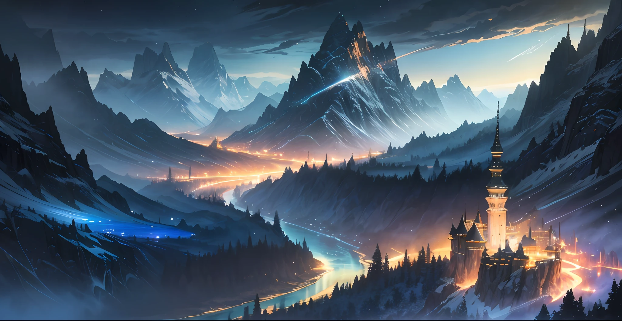 Night landscape of mountains and rivers in a fantasy world, painted in a surreal style by hiroshi sugimoto, marc simonetti, juanjo guarnido, antonio segui, victor manuelle, hyperrealistic, vibrant colors, dramatic lighting, sharp focus, trending in artstation, cinematic atmosphere.
