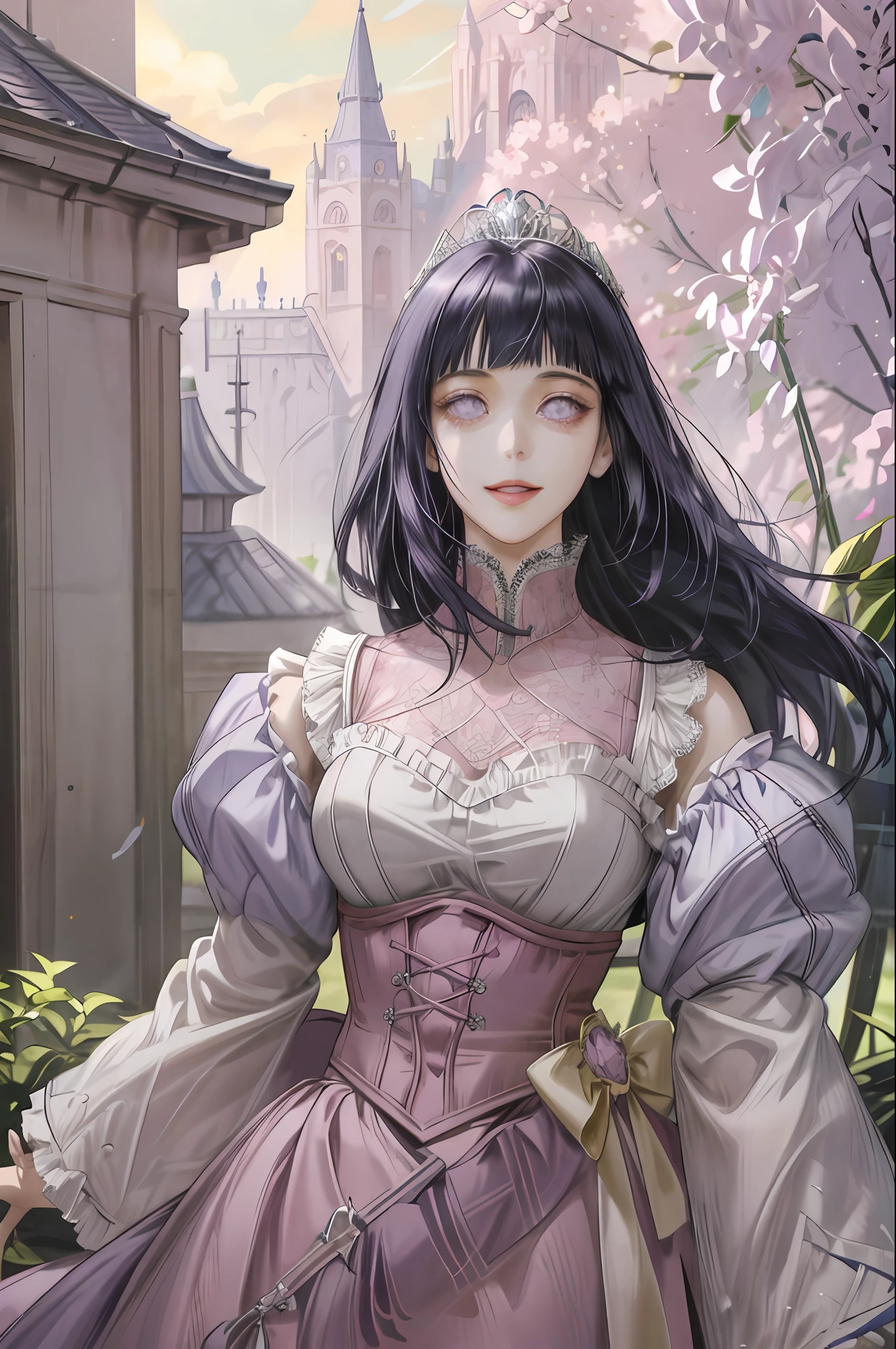 (absurdres, highres, ultra detailed), masterpiece, hinata\(boruto\), solo, 1girl,medium , long purple victorian style dress, smile, (((long hair))),standing, the bodice and the skirt pattern, frill skirt, lace, blink blink effect, (((detailed lips))), cowboy shoot, garden, pink and yellow flowers, realistic skin, tiara, ((pink lips)), light purple eyes