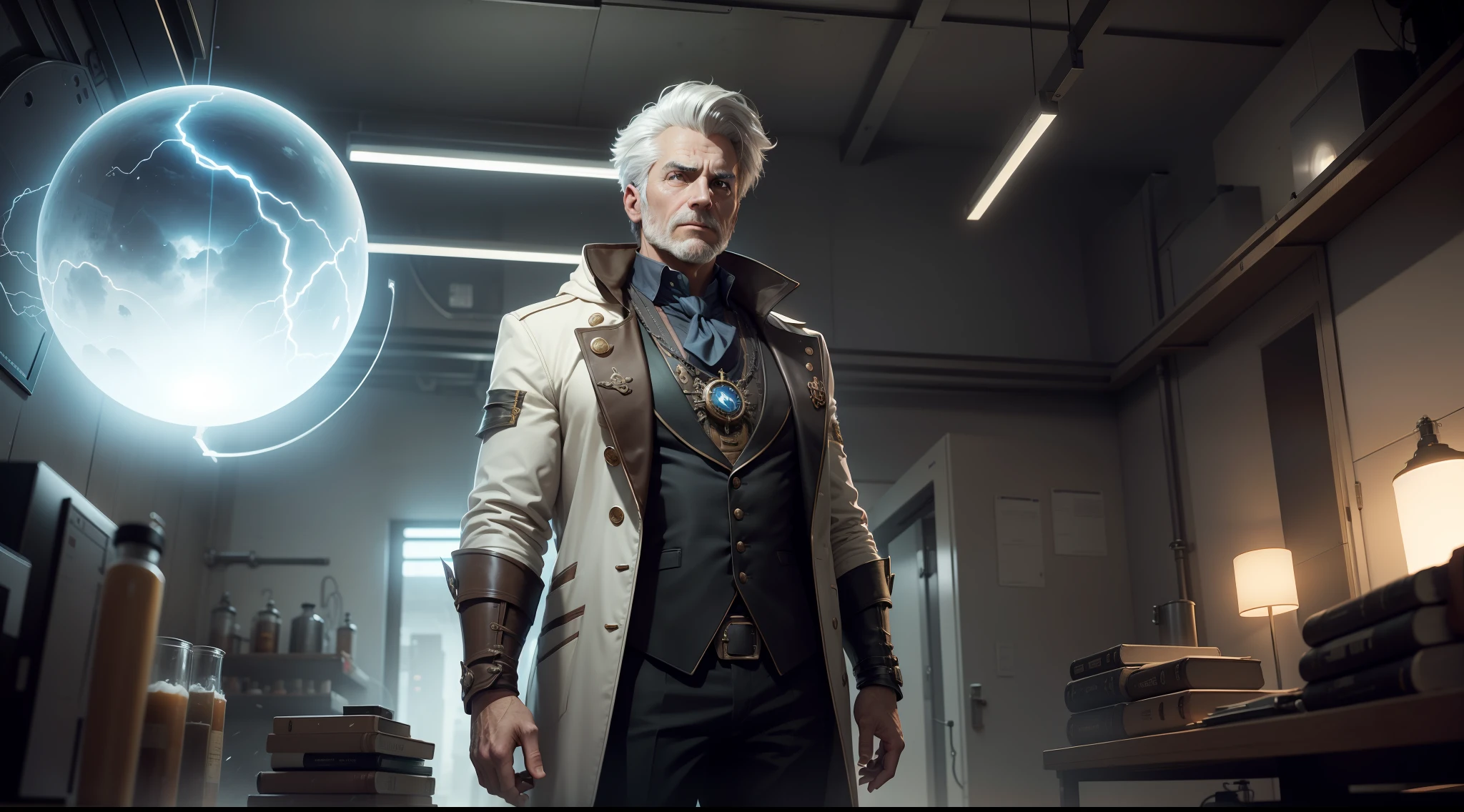 /imagine prompt: illustration of A middle-aged man in a white coat is in the laboratory, a quantum ball emitting light ,A middle-aged man in a white coat::12, Quantum sphere luminescence::15, laboratory::10, Many miscellaneous items::13, Lightning, a lot of lightning::17, rule of thirds composition::12, ultrawide shot::13, Unreal Engine::10, beautiful lighting::10, Studio light::13, Cinematic light::15, Fantasy::12, Cinematic::12, hyper quality::8, Futuristic laboratory::13, Steampunk::12 --seed 4242345643 --s 400 --q 2 --c 40