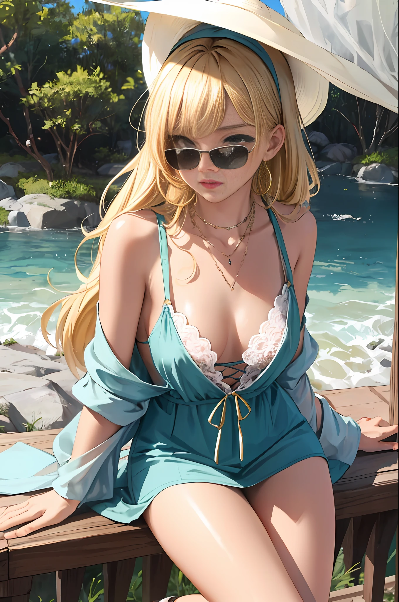 (Masterpiece: 1.2, Best Quality), 1 Girl, Big and Giggles, Slim, Elongated, Green Eyes, Sharp Eyes, small_breasts, flat_chest, Body Forward, Facing Audience, Dress, Wide Hat, Lace-up Sandals, Oversized Sunglasses, Simple Hoop Earrings, Shell Necklace, Areola Suspenders, Down Shirt, Embarrassment, Very Short Blonde, ^^, Nature, Yoga Studio, Tranquil Space,