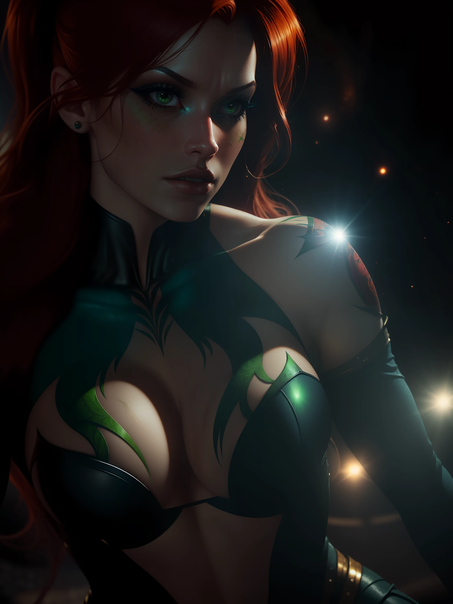 Scene from Movie, Sexy Poison Ivy from DC Close-Up Shot, Distorted Space, Distorted Undead in the Background, Lens Flares, Light Shafts, Intricate Details, High Detailed, Volumetric Lighting, 4k Rendering, Stock Photo, Hyper-Realistic, Realistic Textures, Dramatic Lighting, Unreal Engine