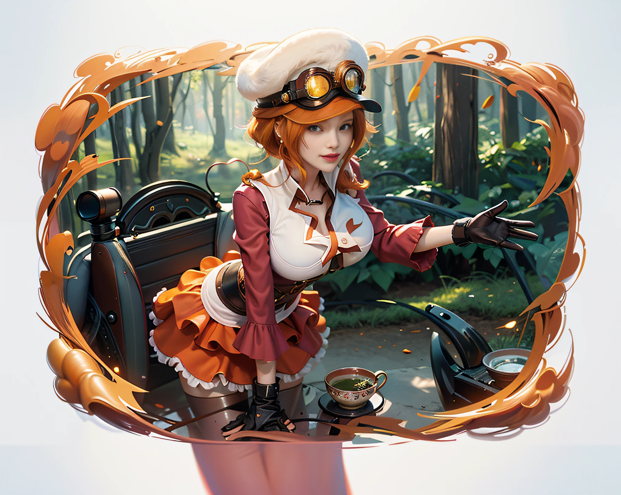 ((Best Quality, 8K, Masterpiece :1.3)), Full Body, Long Legs, Sharp Focus :1.2, A Beautiful Woman with Perfect Body :1.4, Slim Abs :1.1, ((Orange Hair, Huge Breasts :1.2)), (Pink Clothes, Brown Gloves, Burgundy Skirt), Highly Detailed Face and Skin Texture, Brown Eyes, Beautiful Delicate Eyes, Double Eyelids, Clear Sky, Professional Lighting, Photon Mapping, Light Energy Transfer, Physically Based Rendering, (Pale Skin :1.2), looking at the audience, brightening the skin, shooting in the light, smiling, pink, trees, grass,