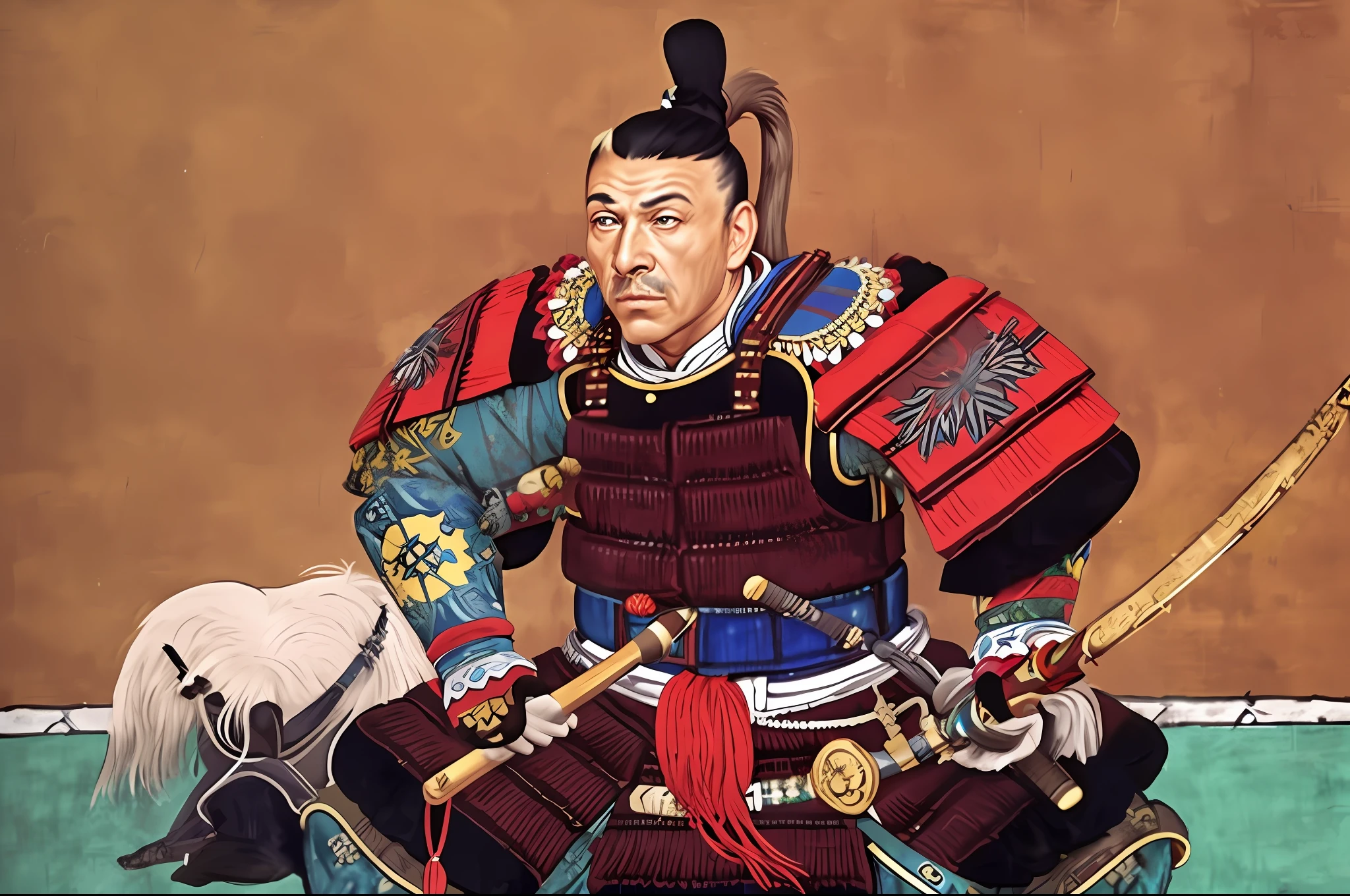 Alafed man in horse and full armor, Toyotomi Hideyoshi, shogun period, ancient Japan samurai, Shiro Masamune, from the Sengoku period, Japan samurai, feudal Japan, Japan warrior, Hakusensha, portrait of Yari Ashigaru, Masamune, art of Japan in the feudal period, portrait of a samurai