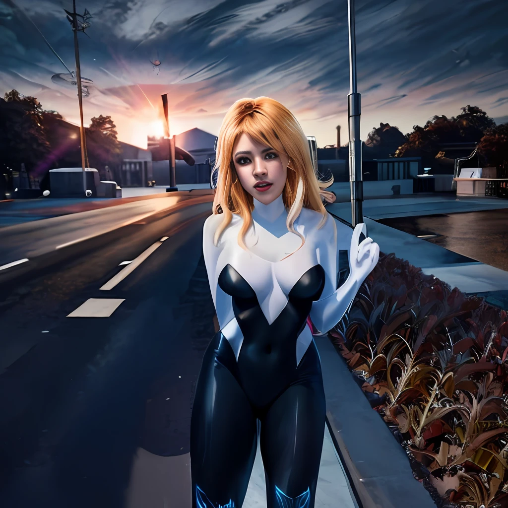 spider Gwen in a black suit with spider in the center of her chest in white, organic looking outfit, gooey forehead, symbiote, white eyes, fine art, ps5 cinematic screenshot,highly detailed detailed cinematic rendering, ultra photorealistic raytricing, with cinematic lighting