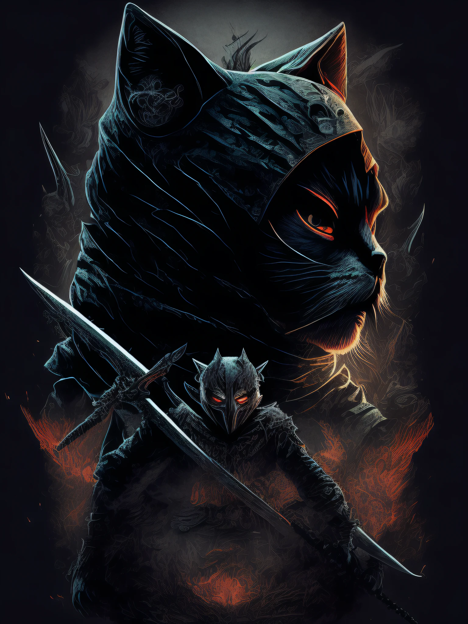 (Reality: 1.3), Poster, Intricate Details, ((Cinematic Light)), Cat, Mixed, Surreal, Horror, Dark Fantasy \ (Style\), Long Weapon, Light and Shadow, Cold Weapon, Japanese, Ninja, Masked