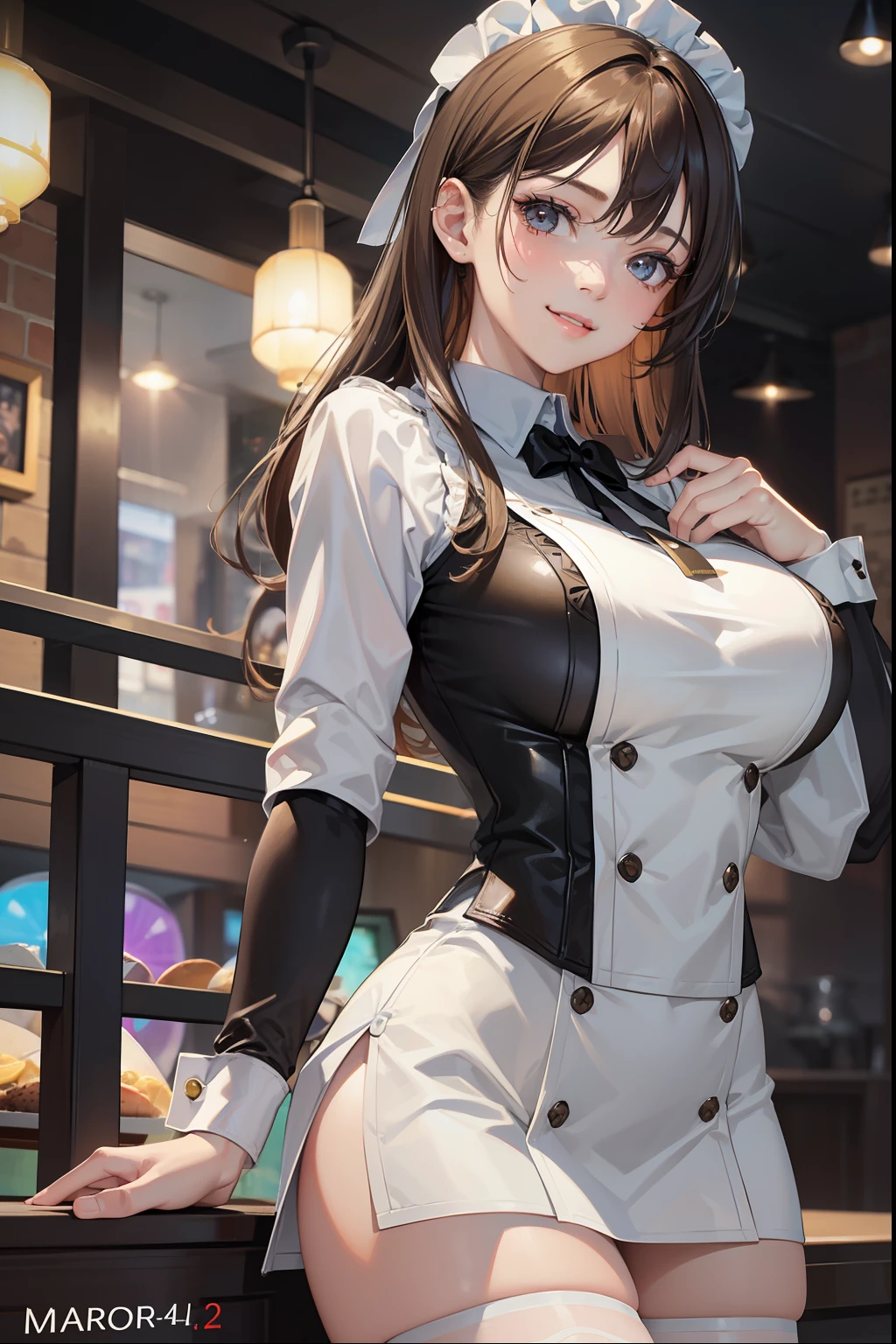 ((Best Quality:1.2, 8k, Sharp Focus, photo realistic:1.2, Masterpiece: 1.4, back Light, Ultimate Girl, Highly Detailed Facial Textures, Highly Detailed Facial Textures, detailed beauty makeup: 1.2, realistic skin, detailed eyes, detailed bangs)), ((waitress clothes)),(coffee shop background), head tilt, huge breast:1.2, light brown hair, Grinning ear to ear, from below