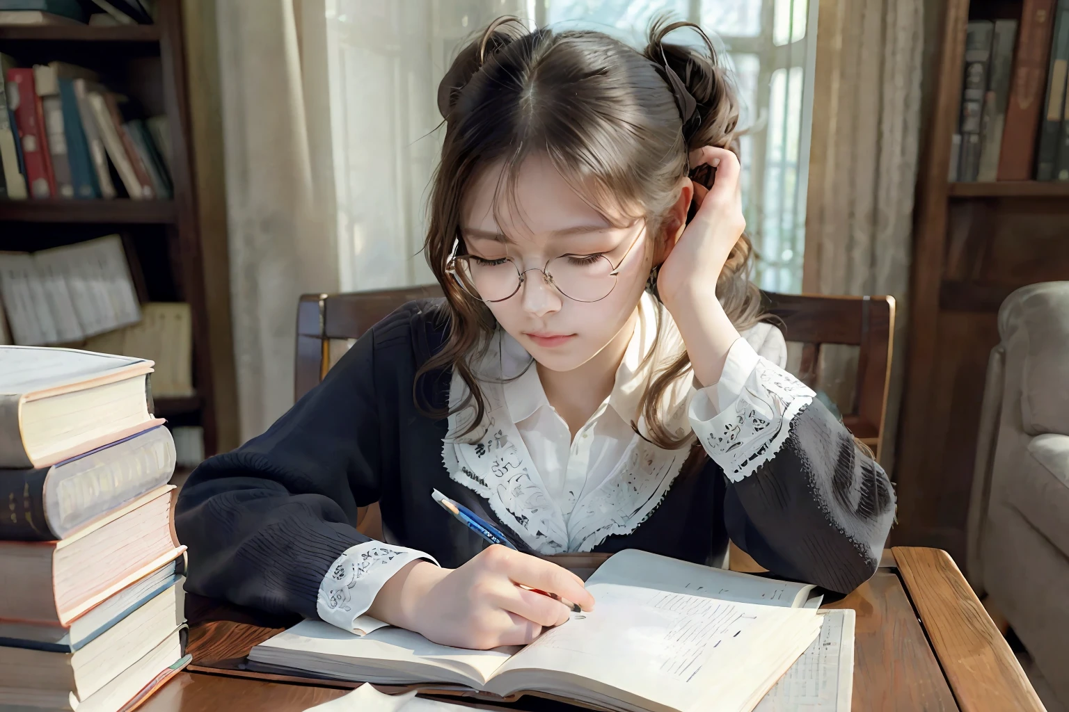 ((photoraelistic)), (masterpiece), (best quality), (intricate detailed), 1girl, glasses, closed eyes, hand lying on table, hold a pencil, opened book,
books, curly ponytail hair, head up thinking, studying, dynamic light, warm light, living room