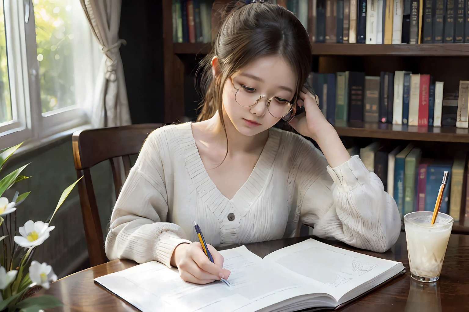 ((photoraelistic)), (masterpiece), (best quality), (intricate detailed), 1girl, glasses, closed eyes, hand lying on table, hold a pencil, opened book,
books, curly ponytail hair, head up thinking, studying, dynamic light, warm light, living room