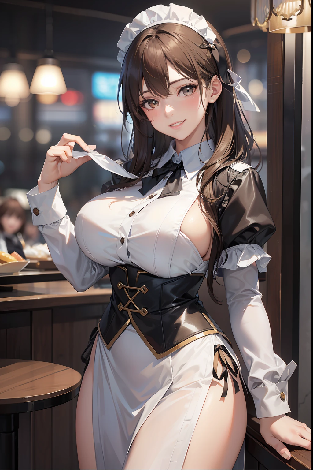 ((Best Quality:1.2, 8k, Sharp Focus, photo realistic:1.2, Masterpiece: 1.4, back Light, Ultimate Girl, Highly Detailed Facial Textures, Highly Detailed Facial Textures, detailed beauty makeup: 1.2, realistic skin, detailed eyes, detailed bangs)), ((waitress clothes)),(coffee shop background), head tilt, huge breast:1.2, light brown hair, Grinning ear to ear, from below