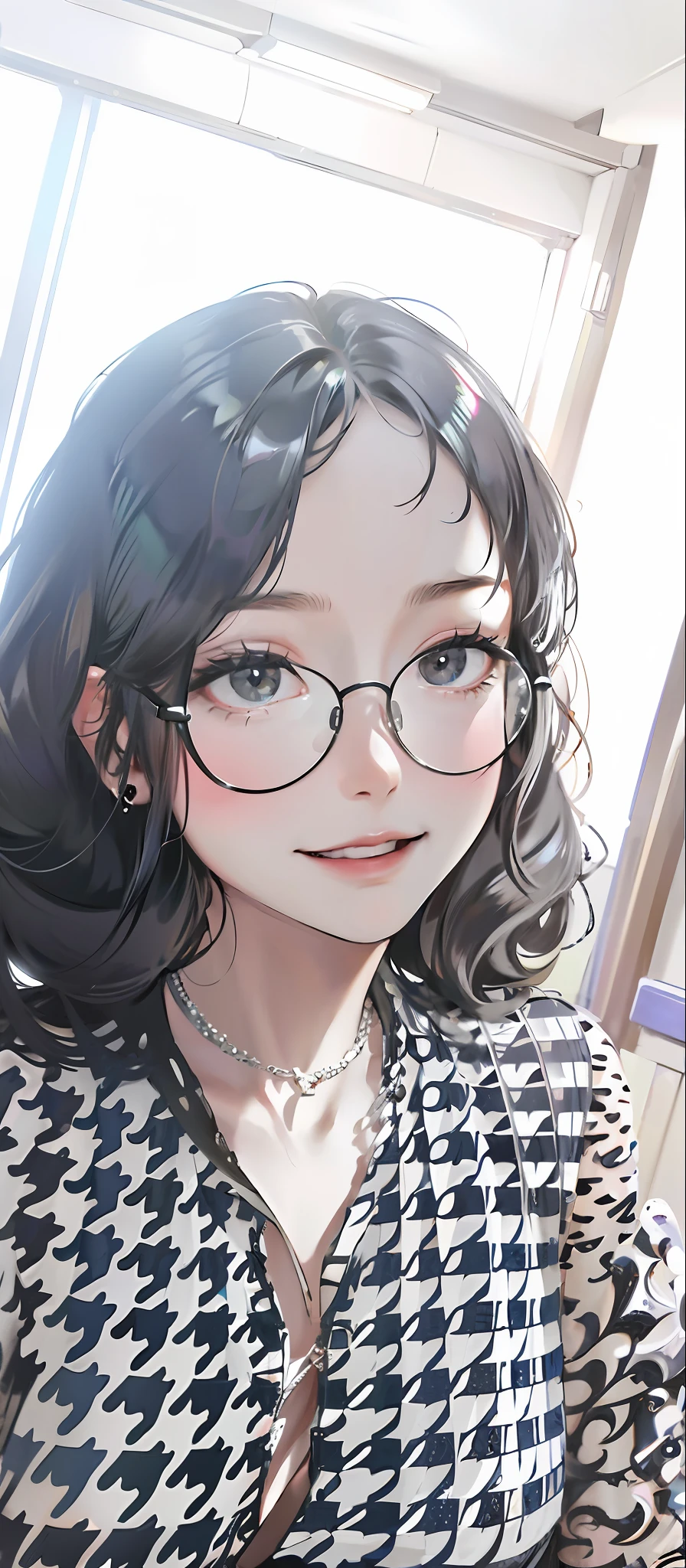 Delicate picture, a beautiful girl, long black hair, wavy hairstyle, wearing black-framed glasses, smile, necklace, temperament, big breasts,