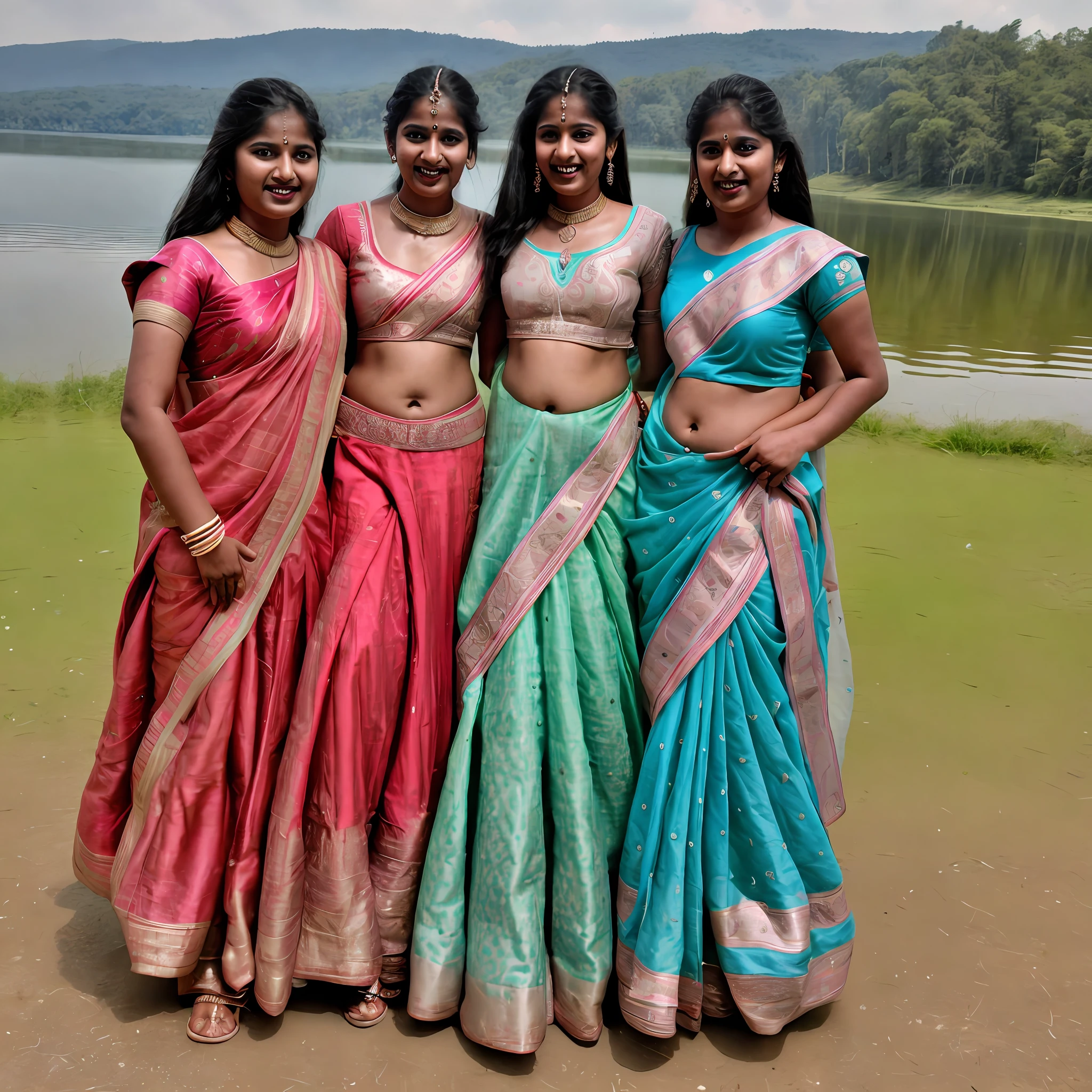 Indian young woman in a wedding , group of people,8k uhd, digital SLR camera, soft light, high quality, film grain,high detail,UHD, masterpiece, accurate, anatomically correct, super detail, high quality, 16k, highres, award winning, ((full body shot)), tight abs, tall, near a lake