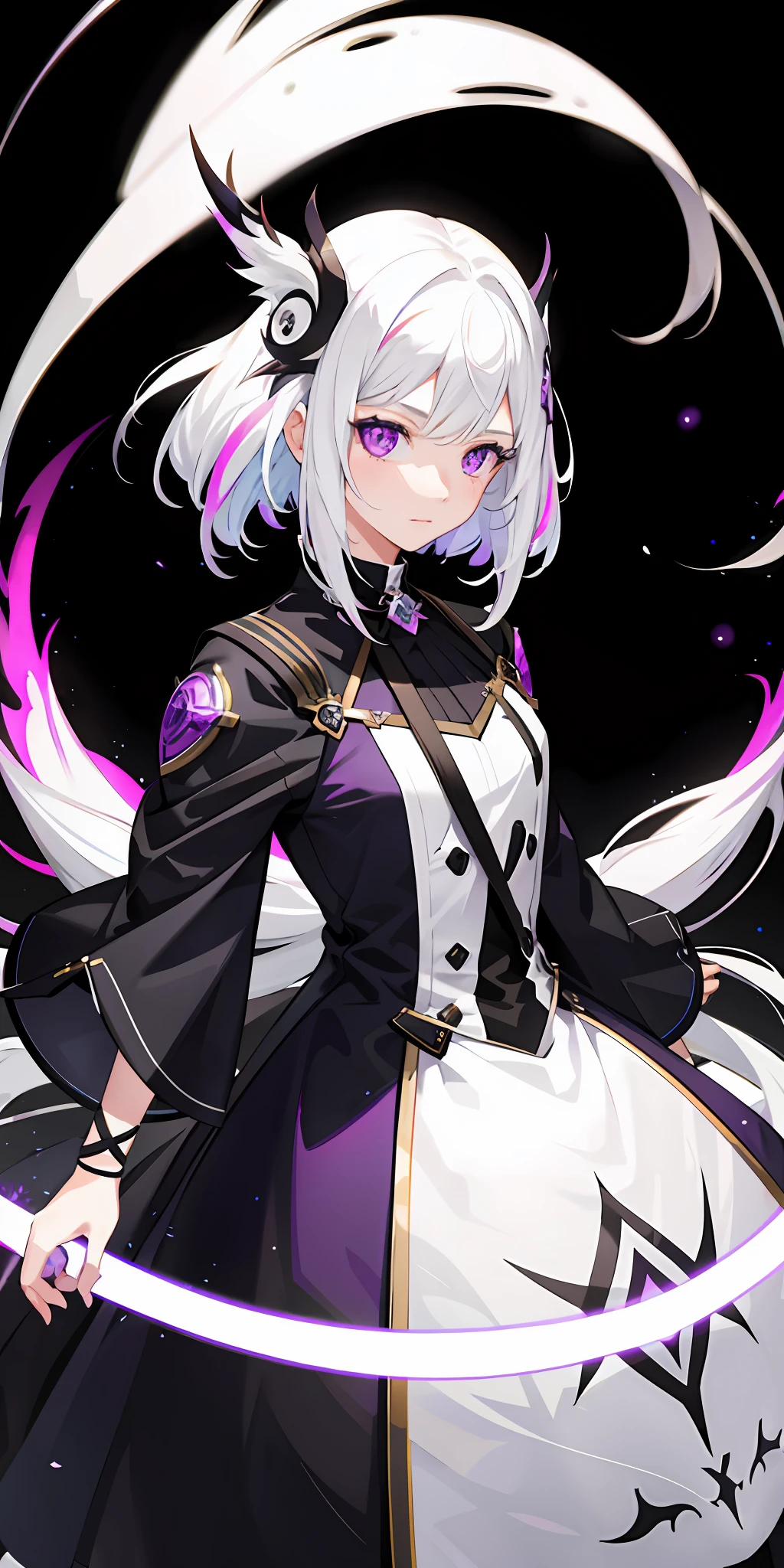 1girl, white hair, multicolored hair, purple eyes, mask on head, sidelighting, light particles, wallpaper,