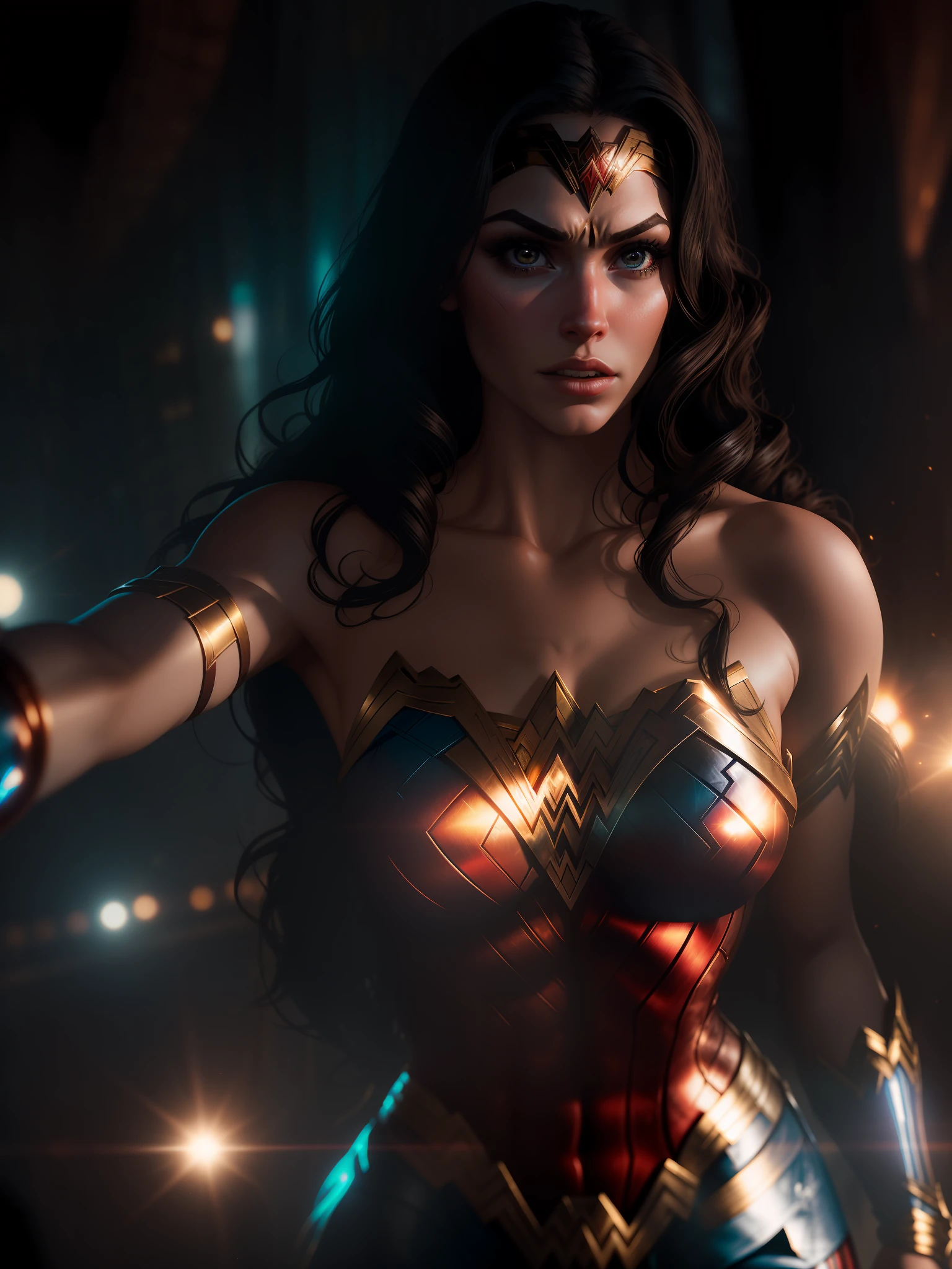 Scene from the movie, close-up shot of Sexy Wonder Woman from DC, distorted space, distorted undead in the background, lens flares, light shafts, intricate details, highly detailed, volumetric lighting, 4k rendering, stock photo, hyper-realistic, realistic textures, dramatic lighting, Unreal Engine