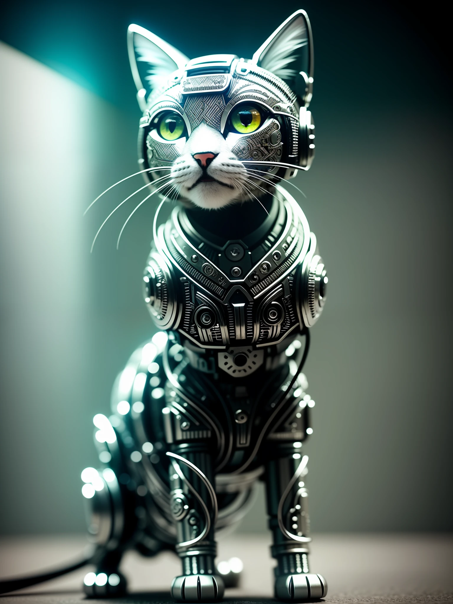 A cute kitten made of metal, (cyborg:1.1), ([tail|detailed wire]:1.3), (intricate detail), hdr, (intricate detail, hyperdetailed:1.2), cine footage, halo shadow, centered