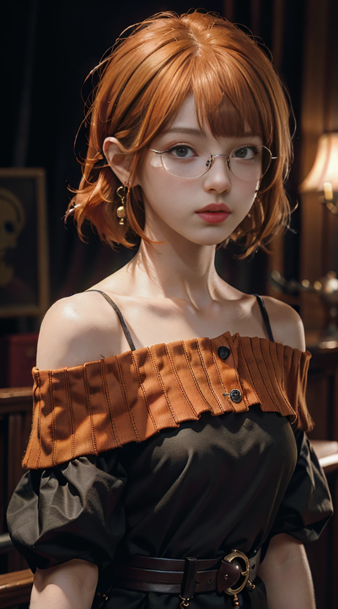 Best quality, masterpiece, portrait, pirate, buccaneer, ultra high resolution, (photorealistic: 1.4), raw photo, 1girl, off shoulder, cinematic lighting, glasses, earrings in the perfect ears, bangs, (orange hair: 2.6 ), (bob cut: 1.5)