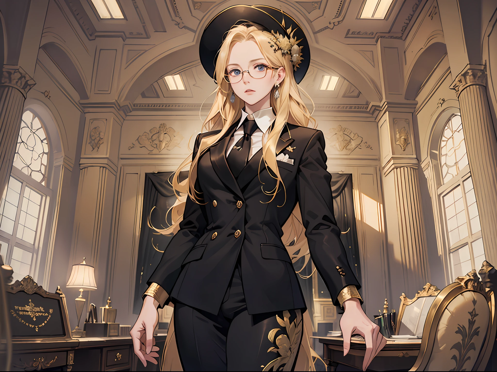 Masterpiece, Excellent, (Office: 1.5), CG drawing with super high detail, standing, royal sister, cold face, expressionless, a woman with long blonde hair, formal black suit, with gold wire glasses, high-end office, luxury, facing the audience, illustration, wide-angle panorama