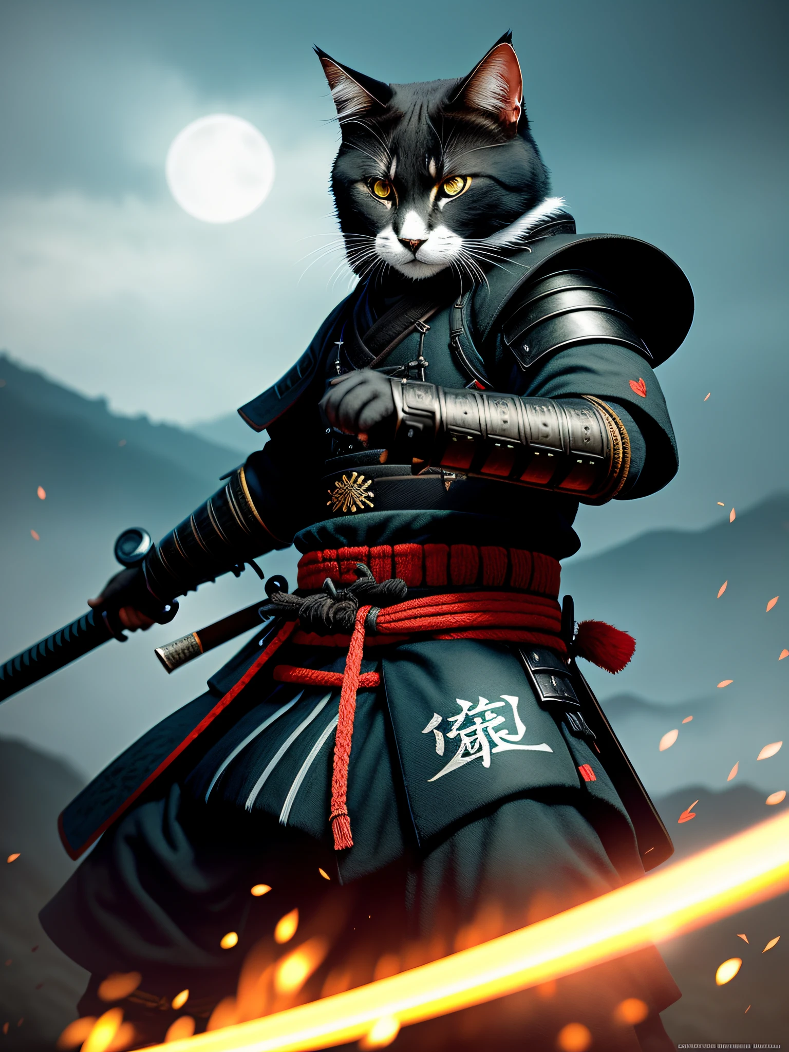 Create a Ghost of Tsushima concept art-style image featuring a cat adorned in samurai armor, confidently wielding a katana and assuming a fierce fighter stance. The image should capture the essence of the game’s aesthetic, with vibrant colors and detailed landscapes in the background, showcasing the beauty and mystique of feudal Japan.