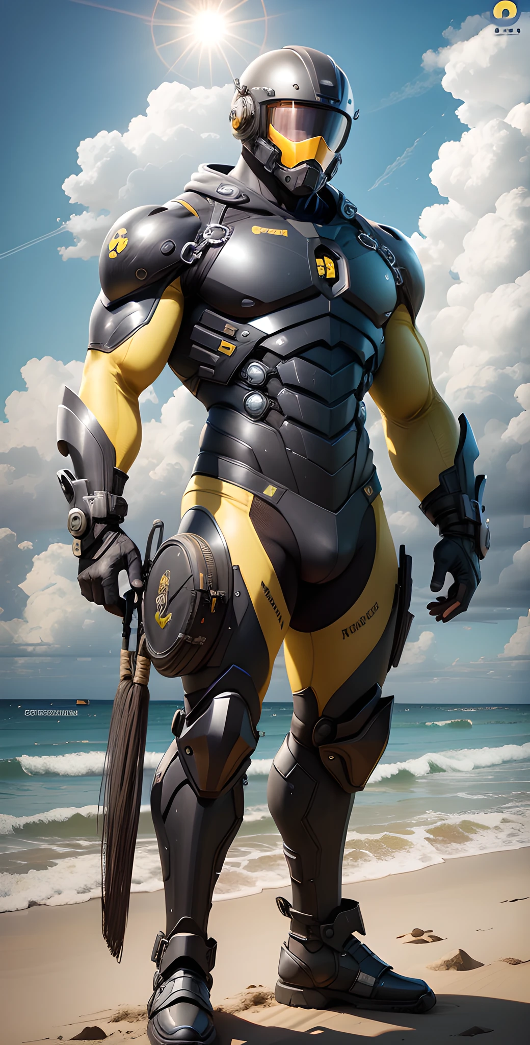 Man in yellow and black clothes standing on the sunny beach, muscular man, American round inch, Buzz cut, muscular! Wearing a cool mechanical helmet, round head Buzz Cut, stealth suit, symmetrical floral texture design, optimal picture quality and resolution, character design special forces, black military boots, attractive strong men and armor, weaving sunlight through the clouds