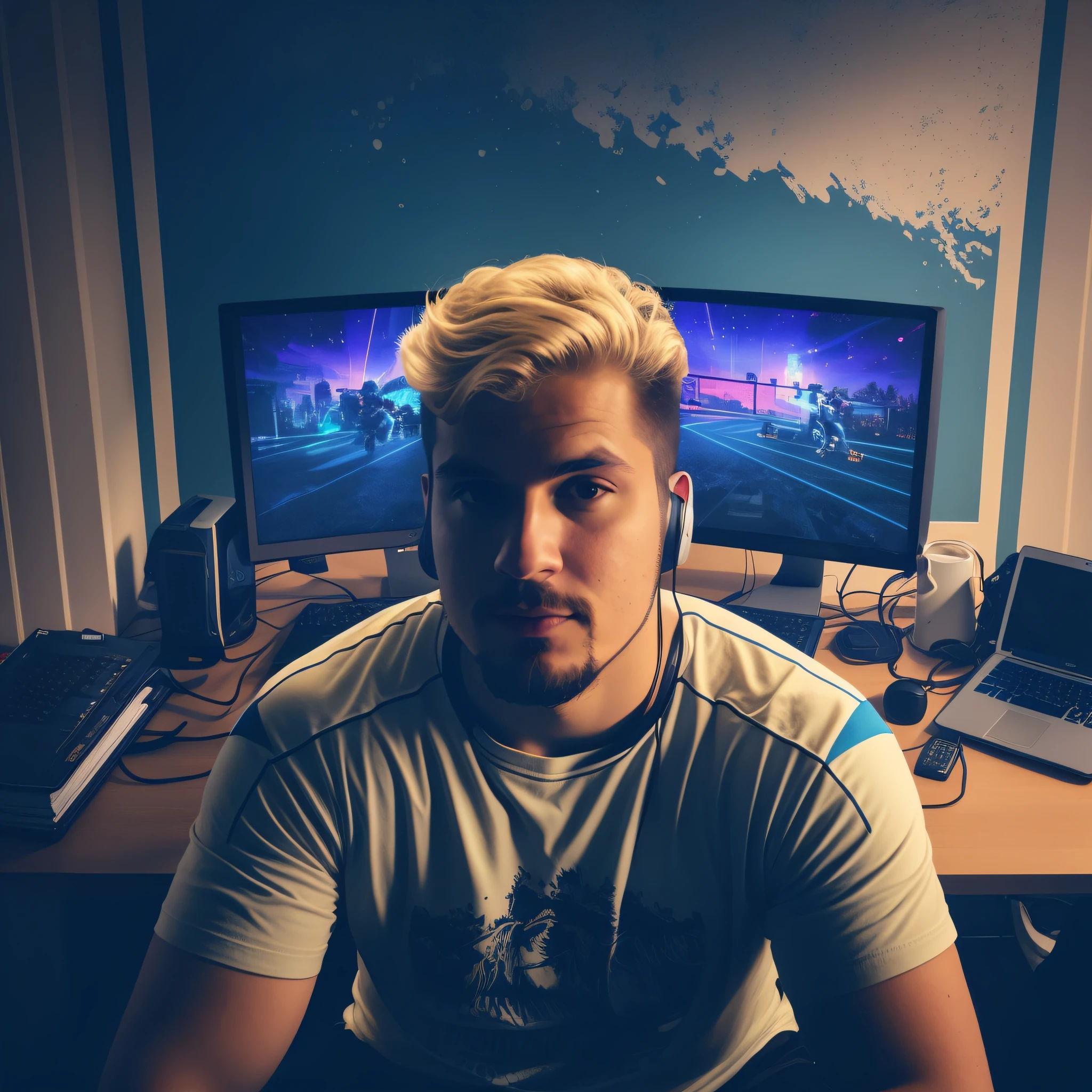 there is a man sitting at a desk with a computer and a laptop, twitch streamer / gamer ludwig, profile picture 1024px, epic game portrait, gamer aesthetic, high quality portrait, edited in photoshop, mid shot portrait, clean artstyle, 2 d render, nft portrait, in game style 8k, lofi portrait