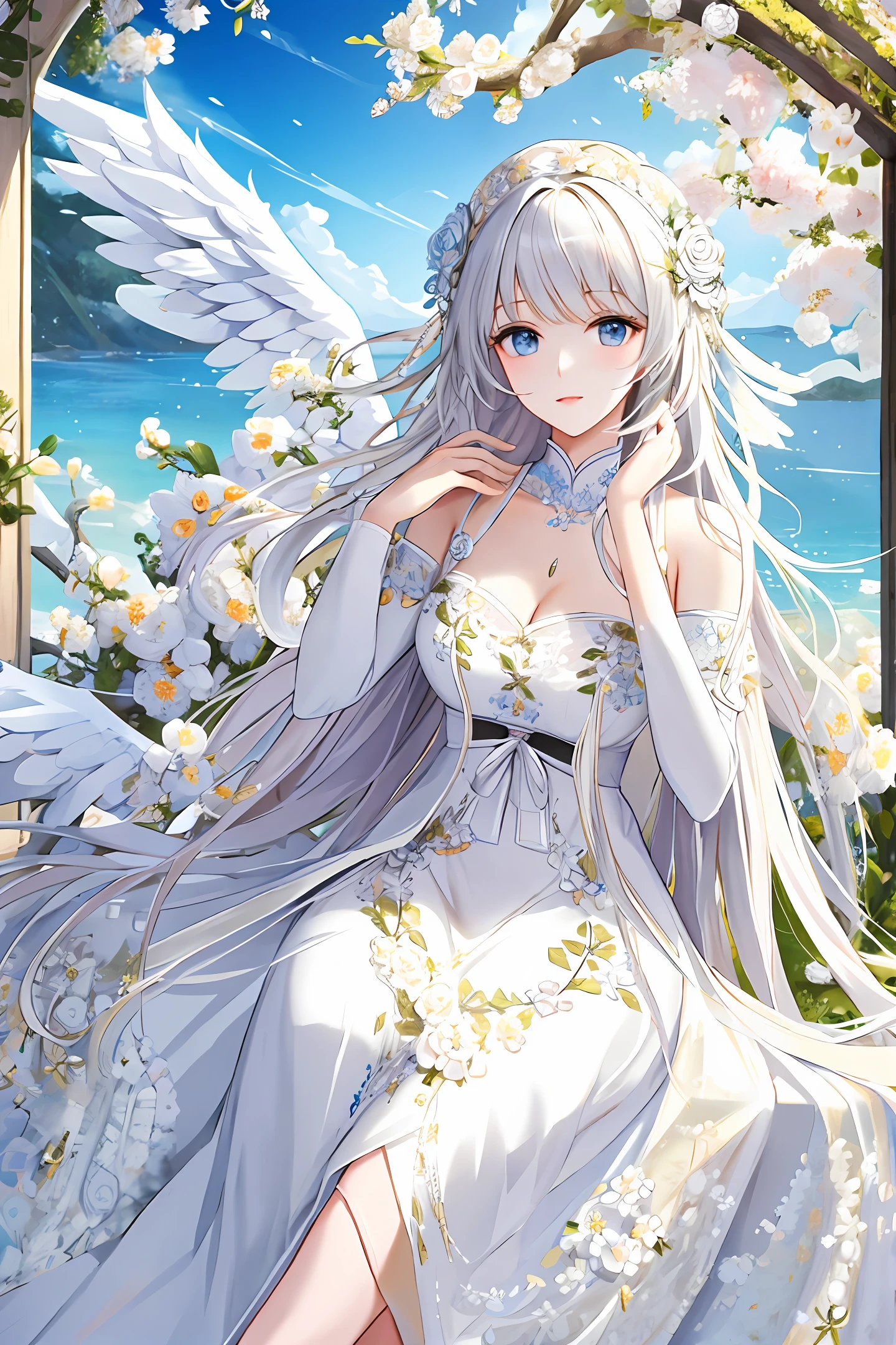 best quality
masterpiece
ultra detailed
girl angel 
bunch of flowers
white long hair
cute